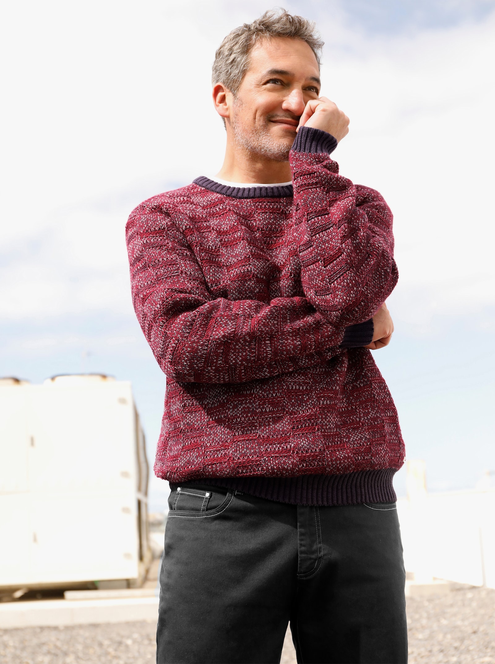 Marco Donati Langarm-Pullover mit Rippbündchen, unifarben - kirsche-gemustert