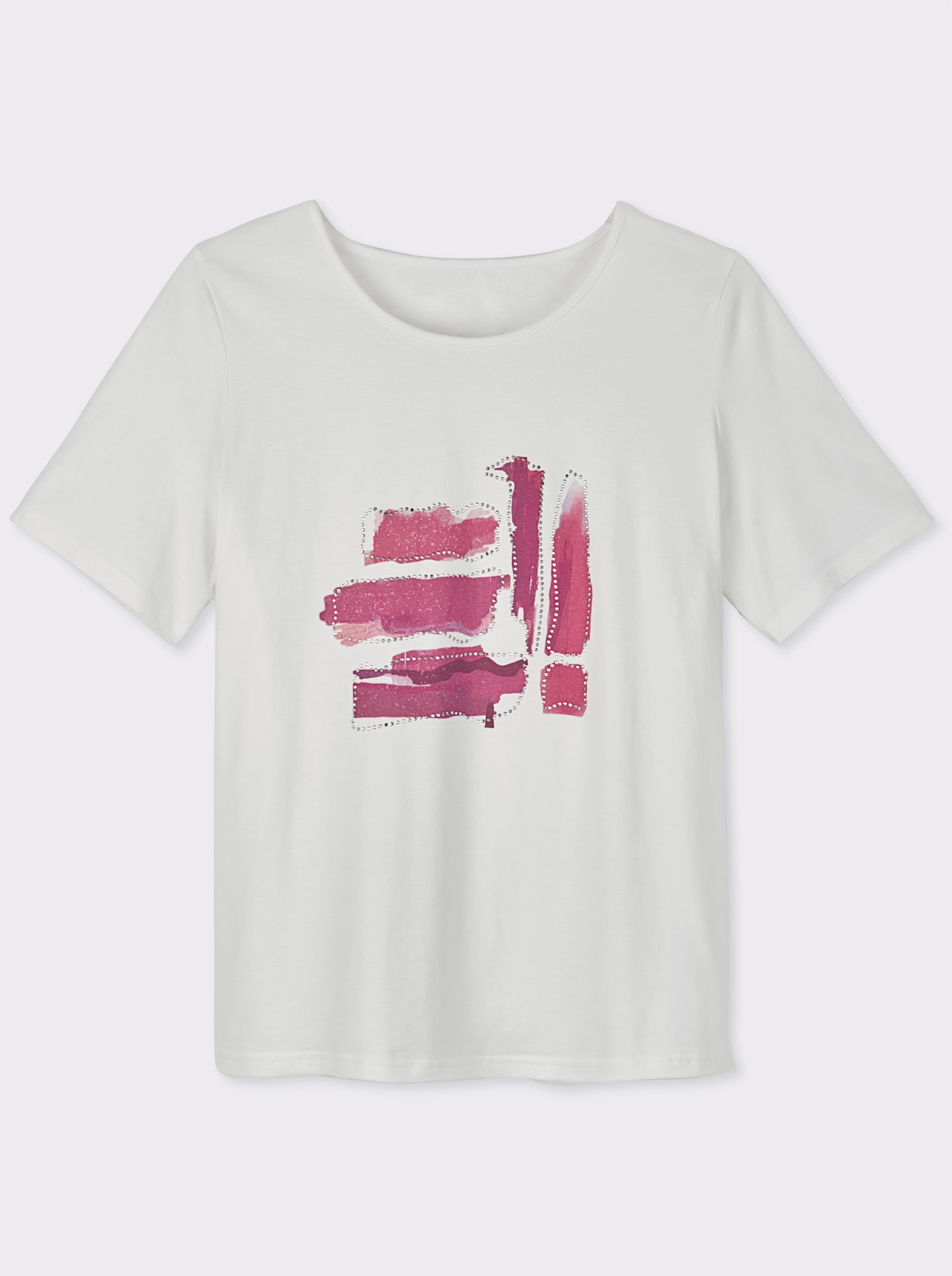 Kurzarmshirt mit Glitzersteinchen - ecru-fuchsia-bedruckt