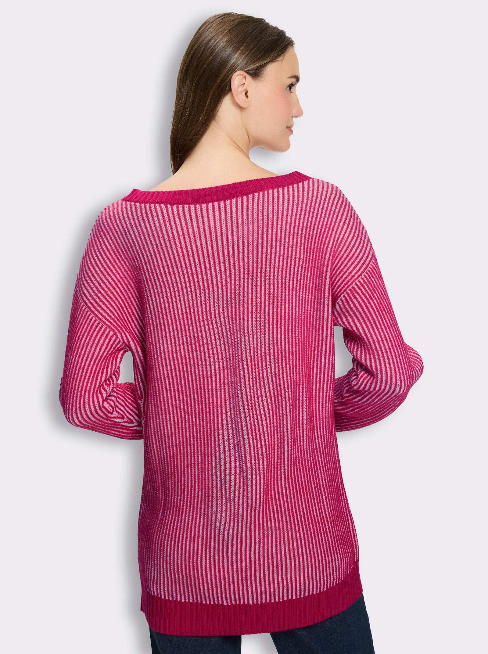 Longpullover in Ripp-Optik - pink-weiß