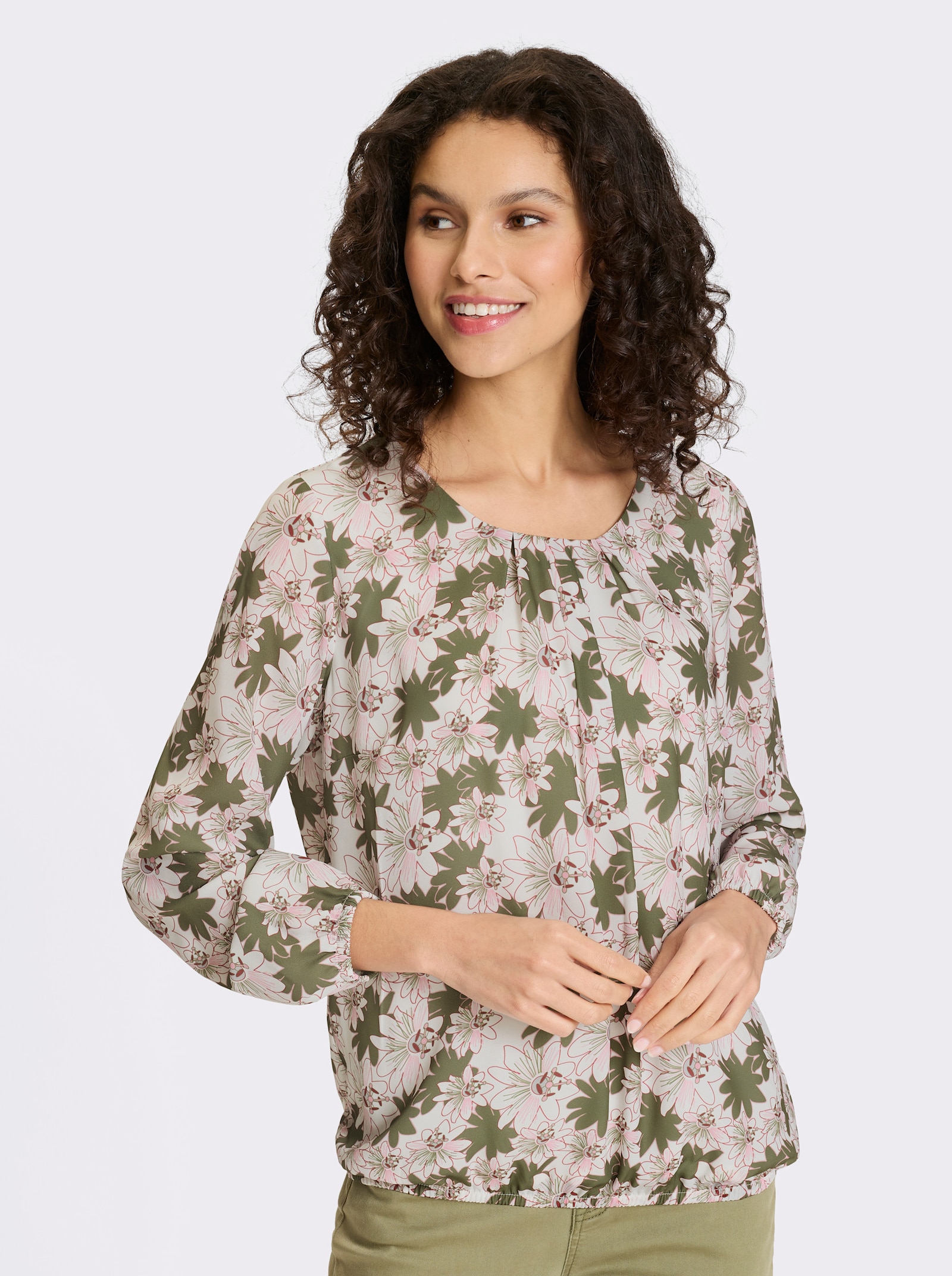 heine Schlupfbluse mit Jerseyfutter - weiss-oliv-bedruckt