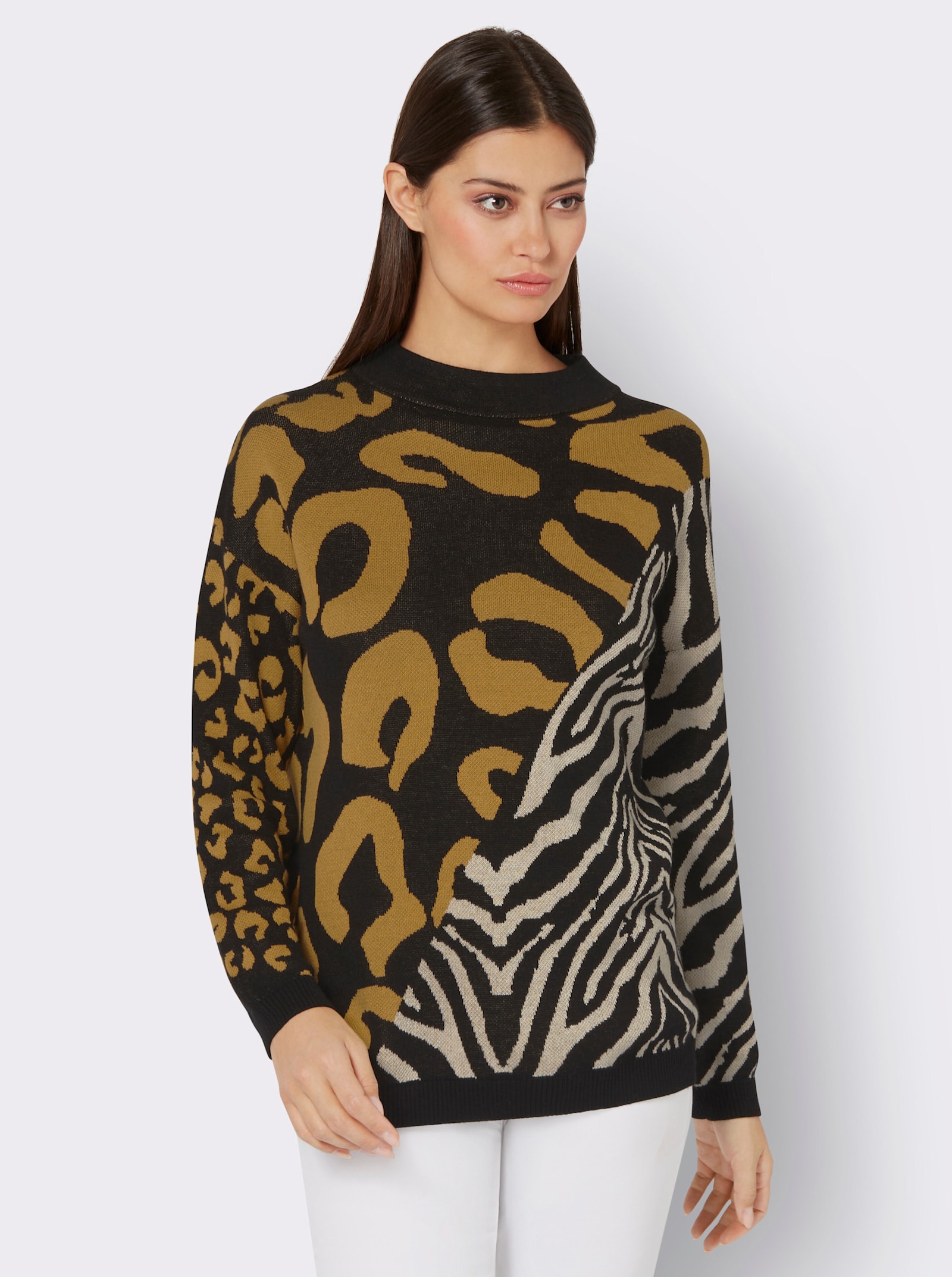  Jacquard-Pullover im Zebra-Leoparden-Dessin - schwarz-ocker-gemustert