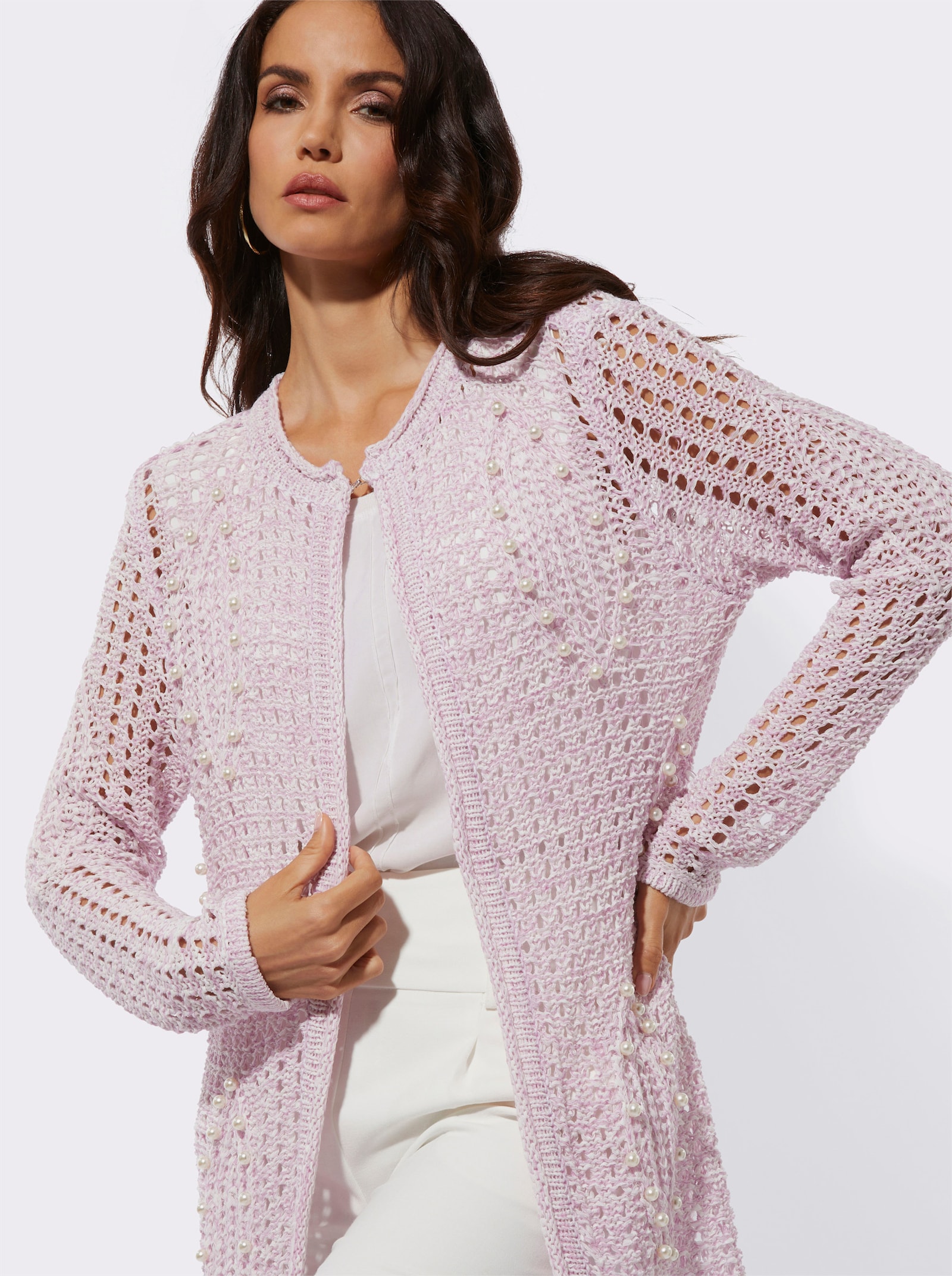 Longstrickjacke mit Hakenverschluss - ecru-orchidee-meliert