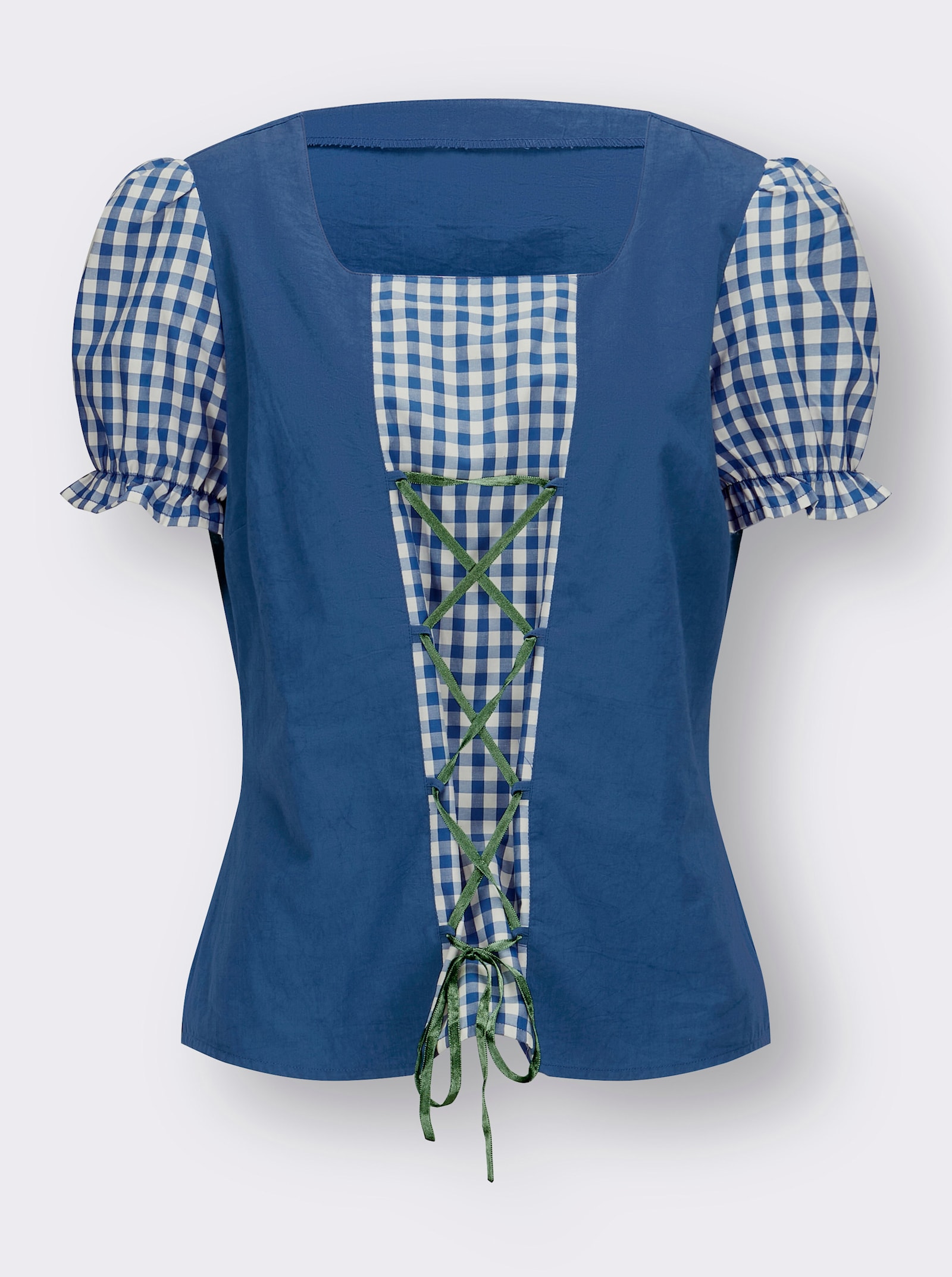 Trachtenbluse mit Einsatz und Schnürung vorne - jeansblau-weiß-bedruckt