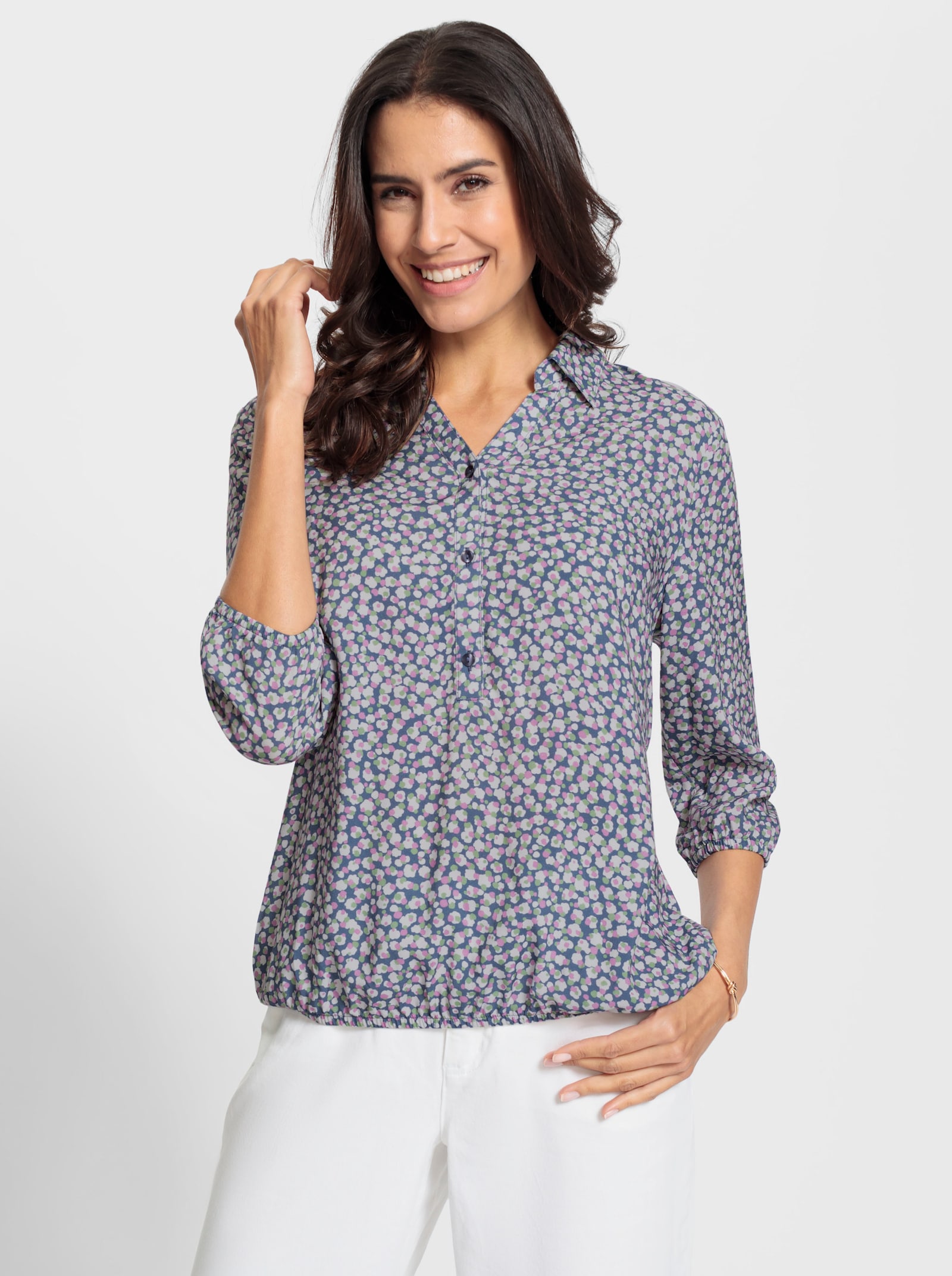 Schlupf-Bluse mit Kellerfalte hinten - rauchblau-orchidee-bedruckt
