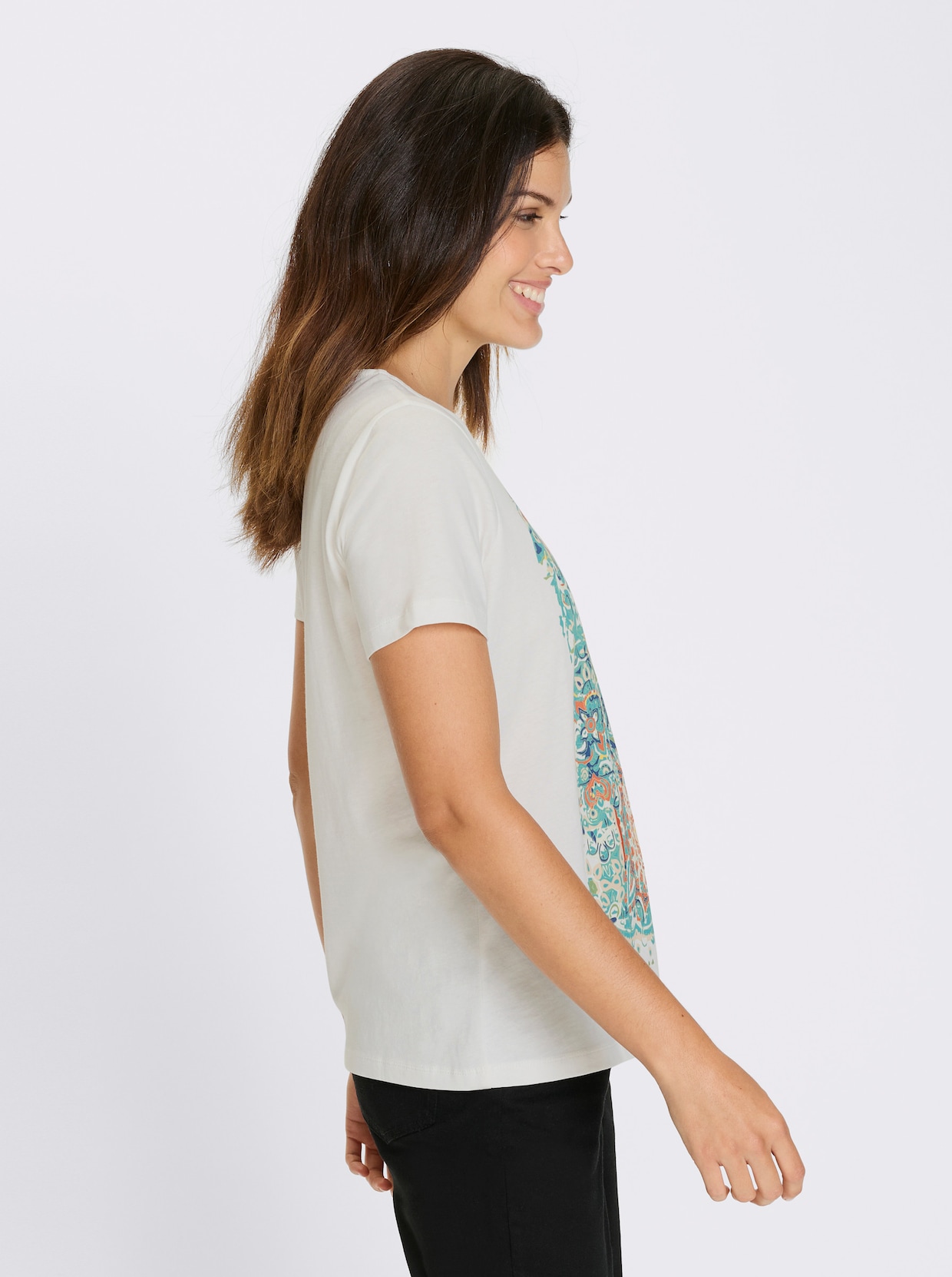 Kurzarmshirt - ecru-jeansblau-bedruckt