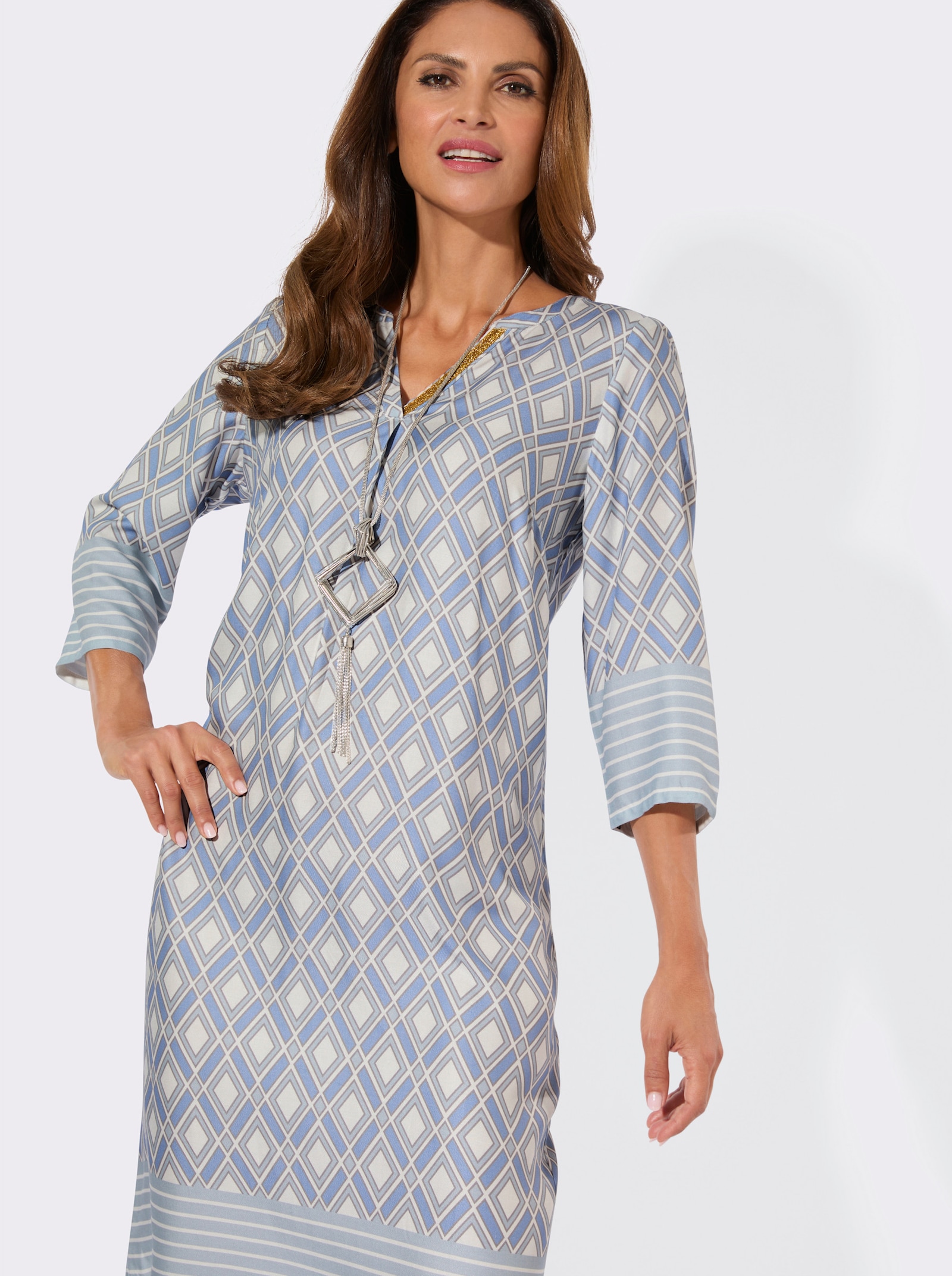 A-Linien-Kleid mit Falte vorne und hinten - himmelblau-ecru-bedruckt