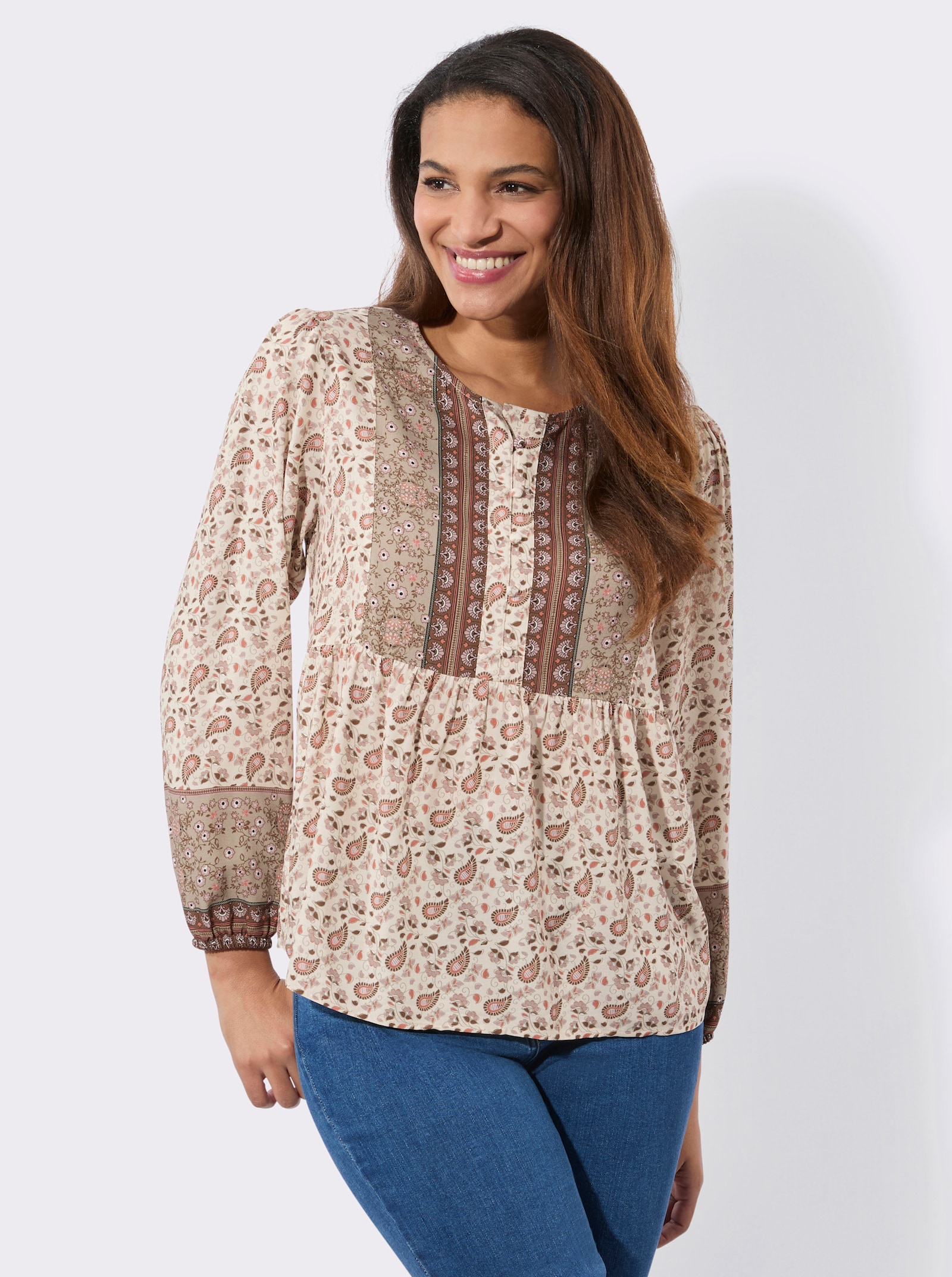 Tunika mit Raffungen an der Rückenpasse - ecru-papaya-bedruckt