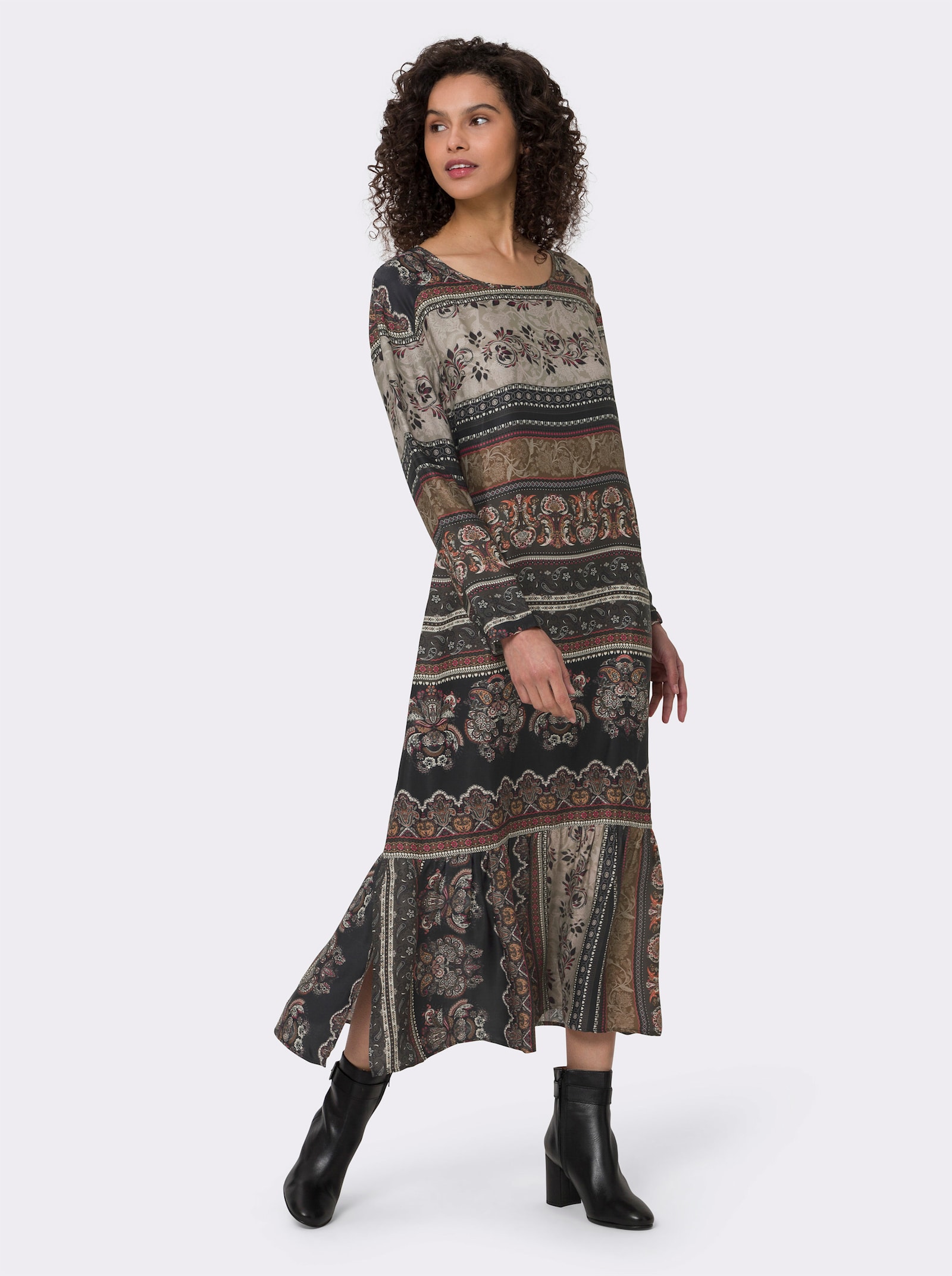 heine Druckkleid mit breitem Volant - braun-pink-bedruckt