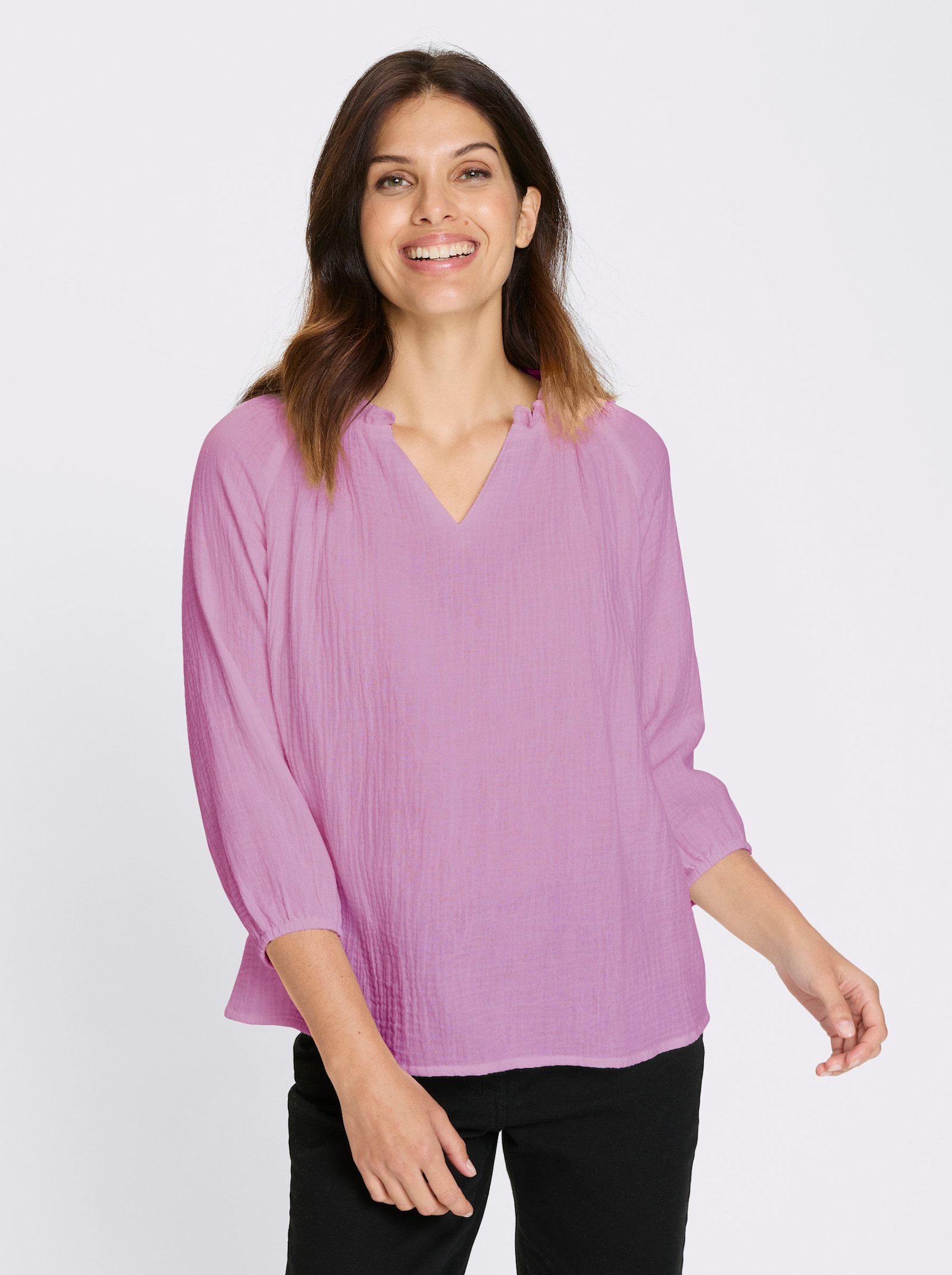 Schlupf-Bluse mit Rüschen am Ausschnitt - orchidee