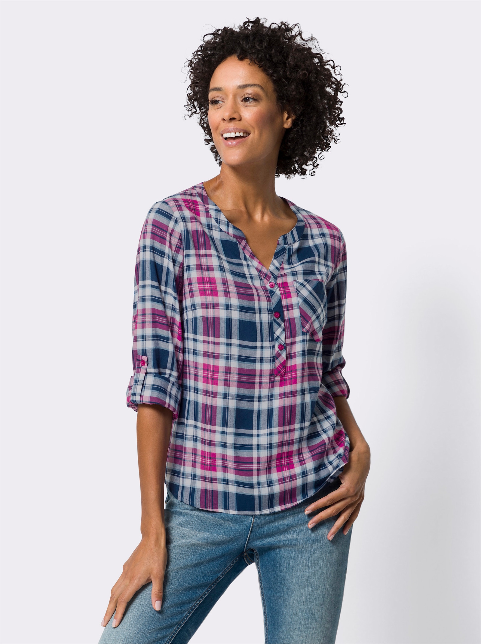 Navlékací halenka s kostkovaným vzorem z barvené příze - fuchsiová-bílá-kostka