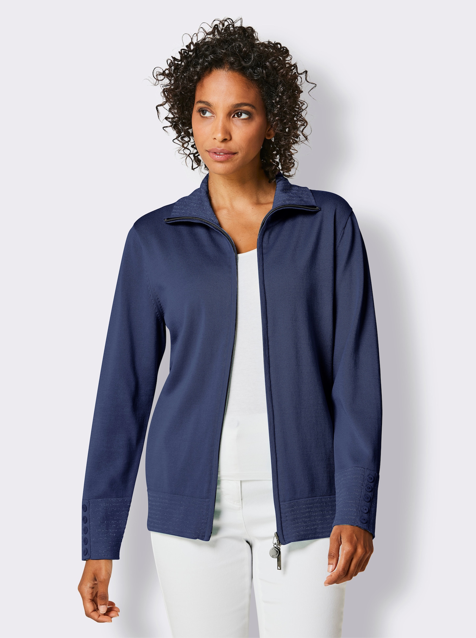 CREATION L PREMIUM Feinstrickjacke mit gestreiften Abschlüssen - marine