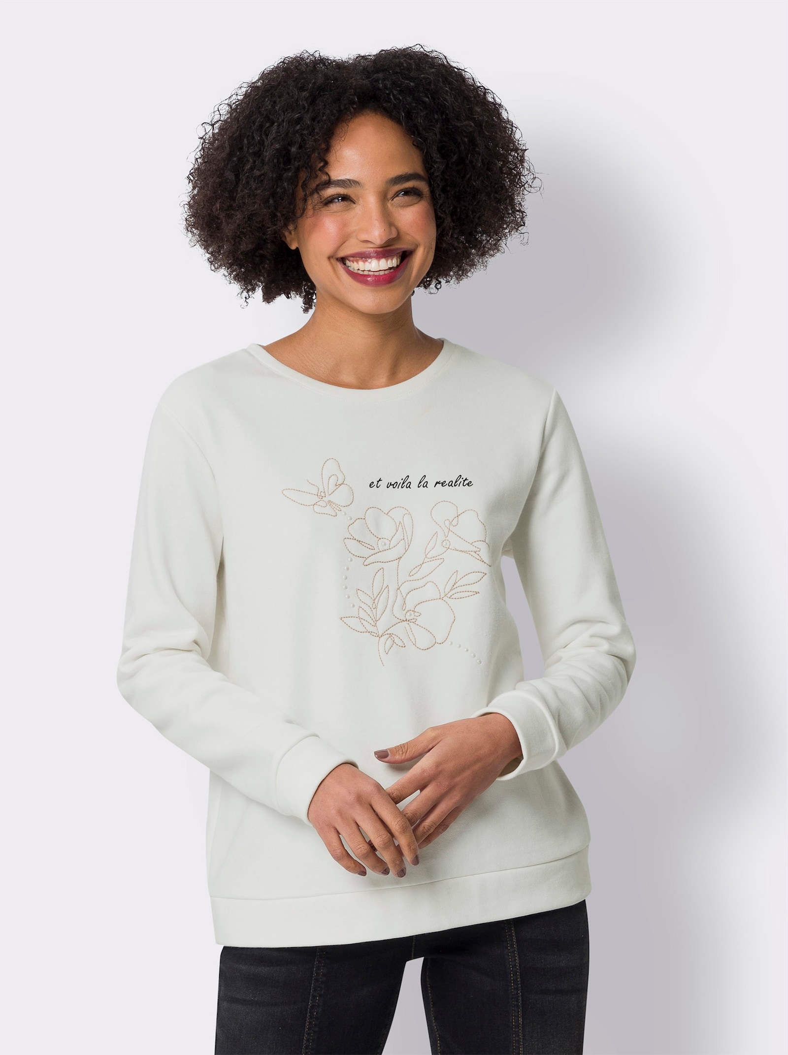 heine Sweatshirt mit Blumenstickerei - ecru