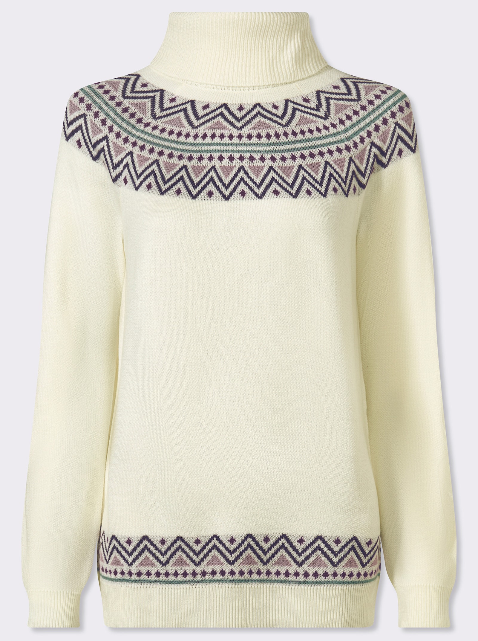 Rollkragenpullover mit Norweger-Muster - ecru-jade-gemustert