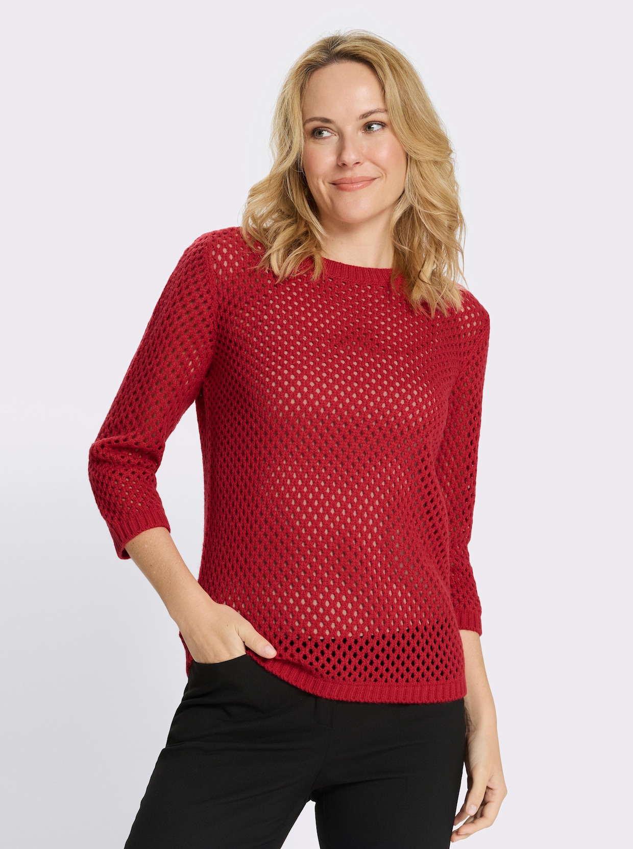 Ajourpullover mit gerippten Bündchen - erdbeere