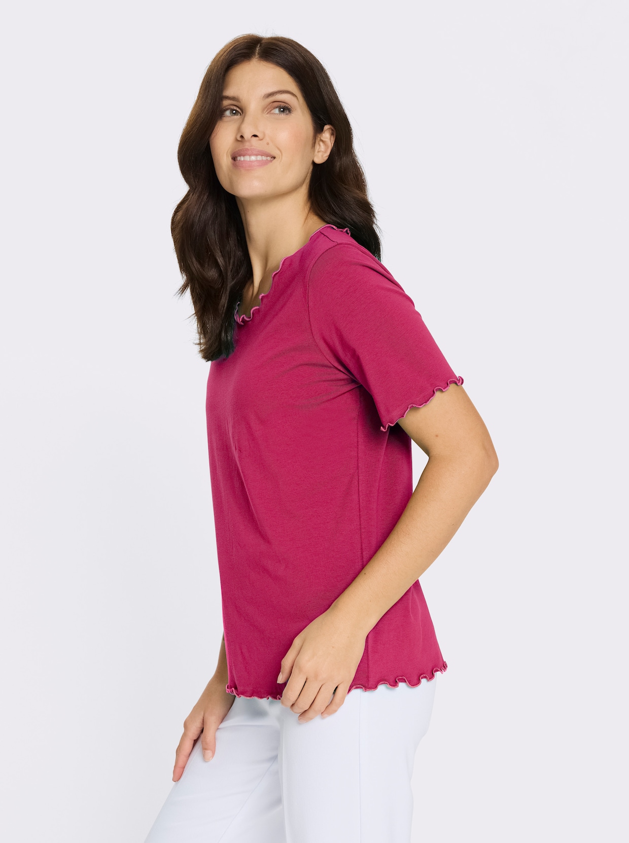 Kurzarmshirt mit gewellten Abschlüssen - pink