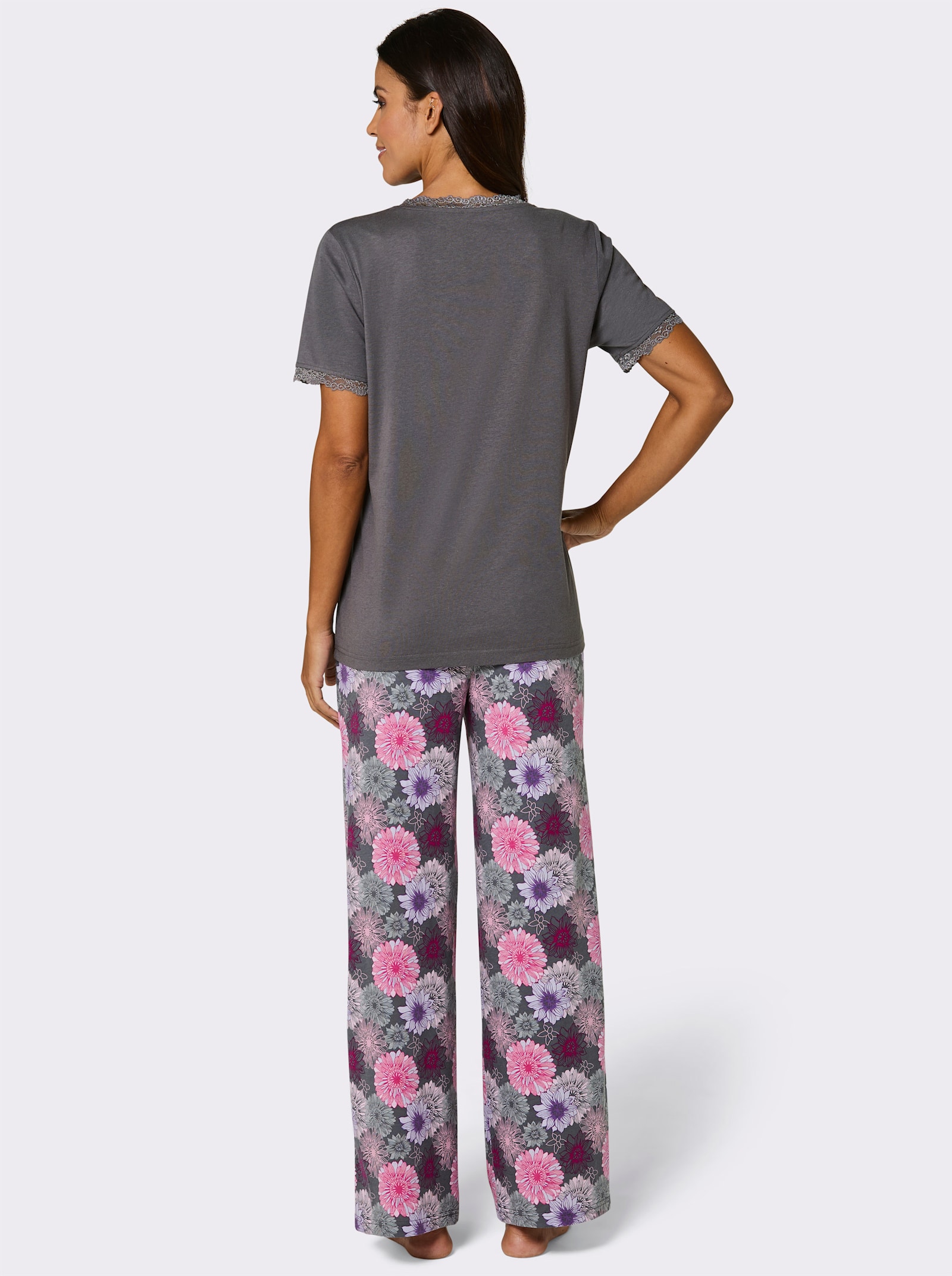 wäschepur Schlafanzug mit geblümter Hose - anthrazit-fuchsia-bedruckt