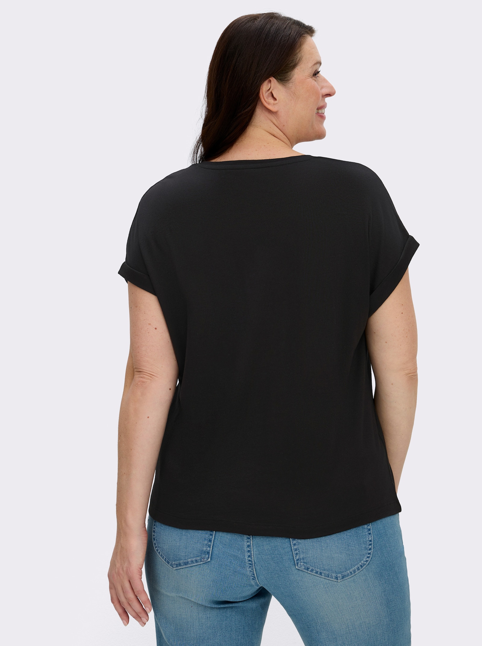 Rundhalsshirt mit Pailletten-Blüten - schwarz