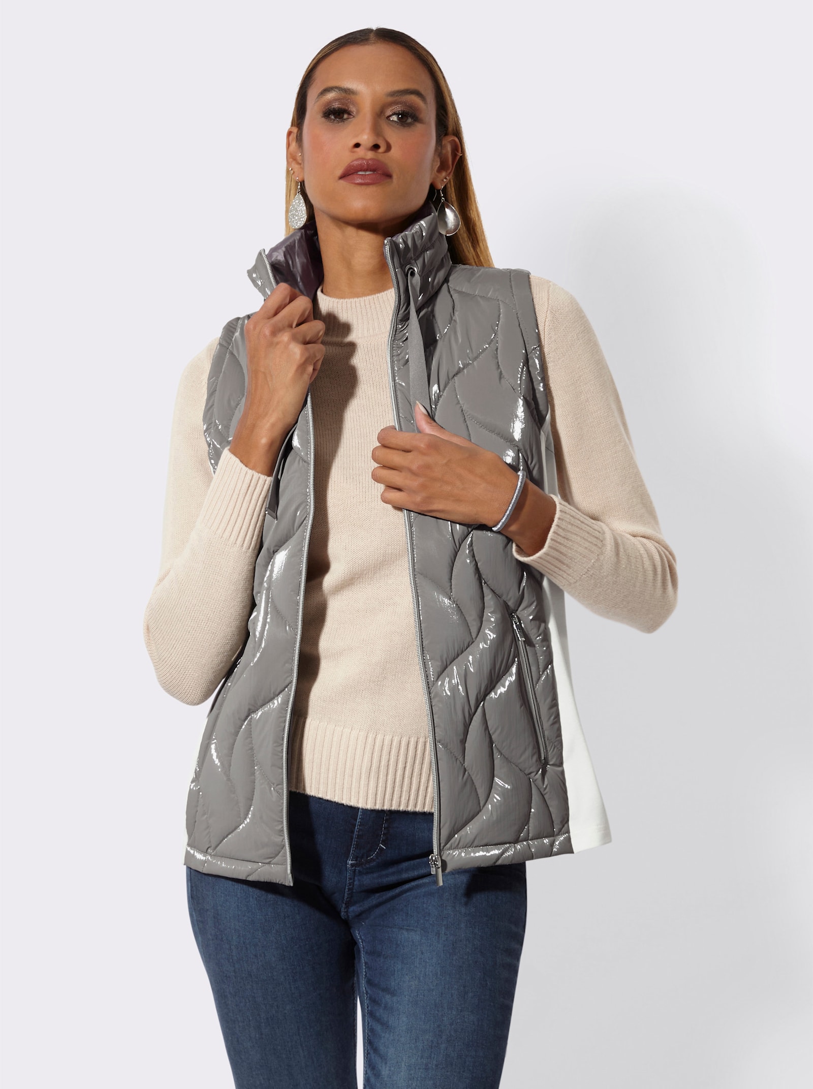 Steppweste mit seitlichen Einsätzen - grau-ecru