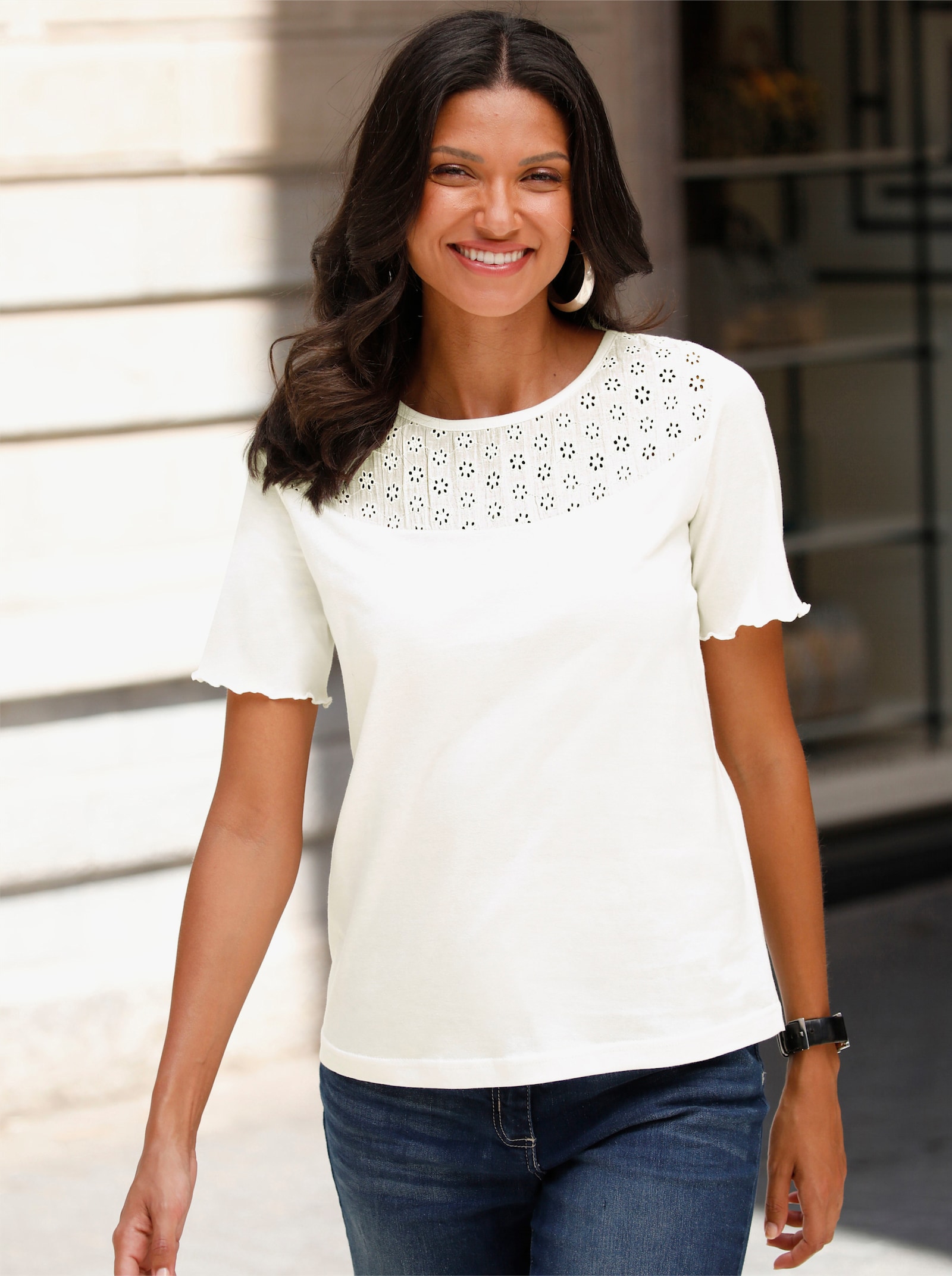 Shirt met korte mouwen en inzet met ajourwerk - ecru