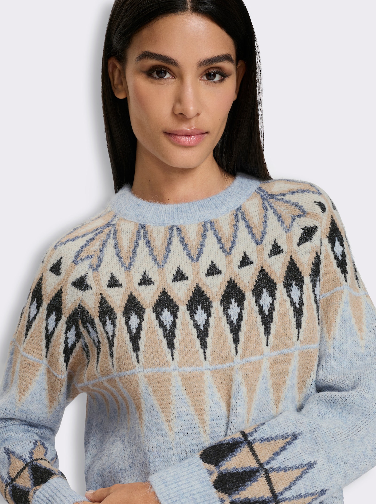 heine Norwegerpullover mit Fauschgarn - bleu-camel-gemustert