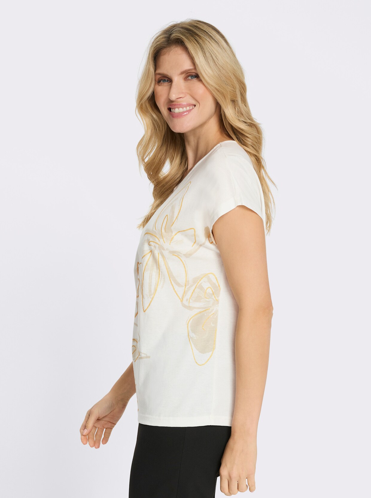 Rundhalsshirt mit überschnittenen Schultern - ecru-sand-bedruckt