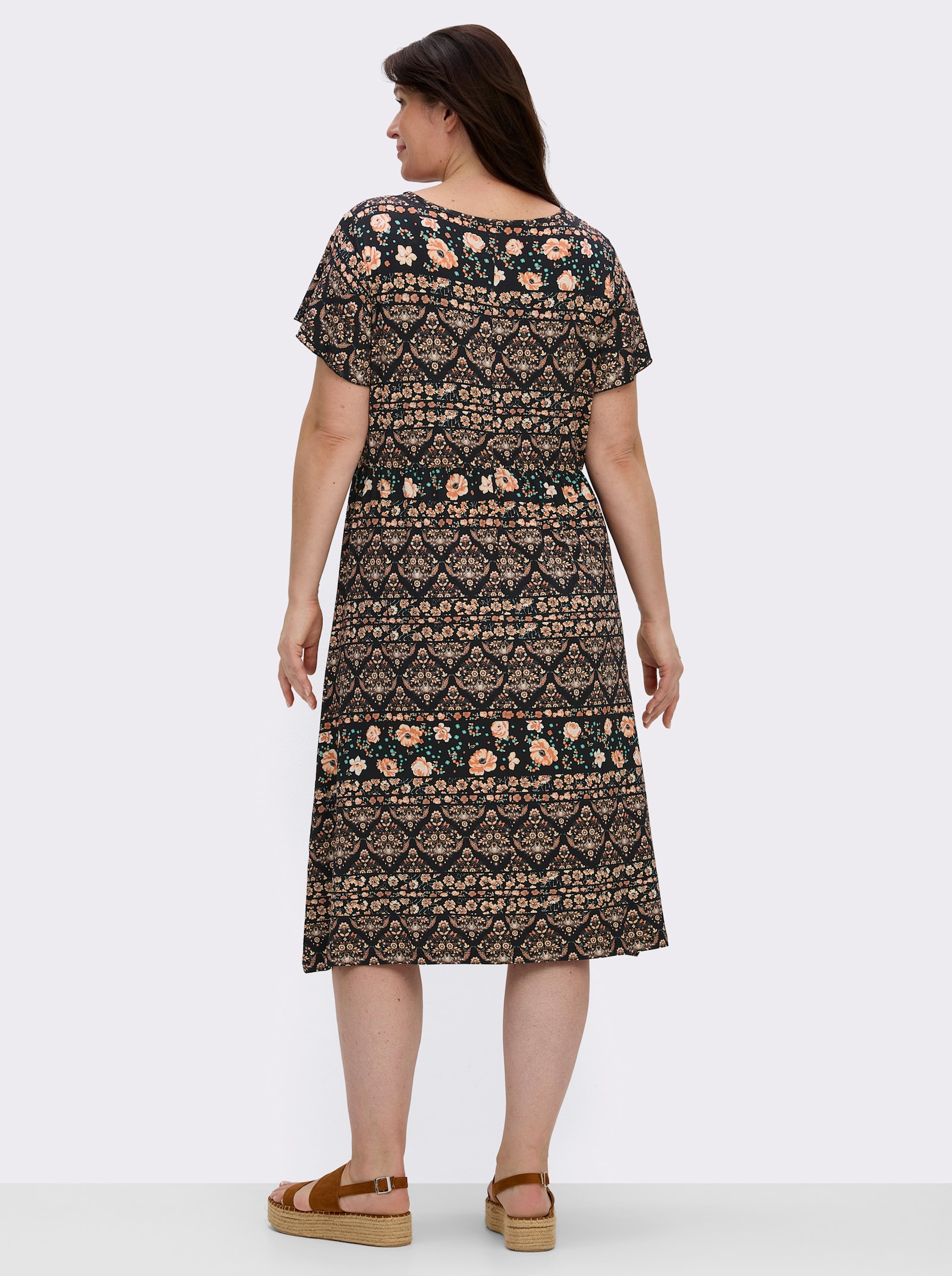 Jerseykleid mit Gummizug auf Taillenhöhe - papaya-schwarz-bedruckt