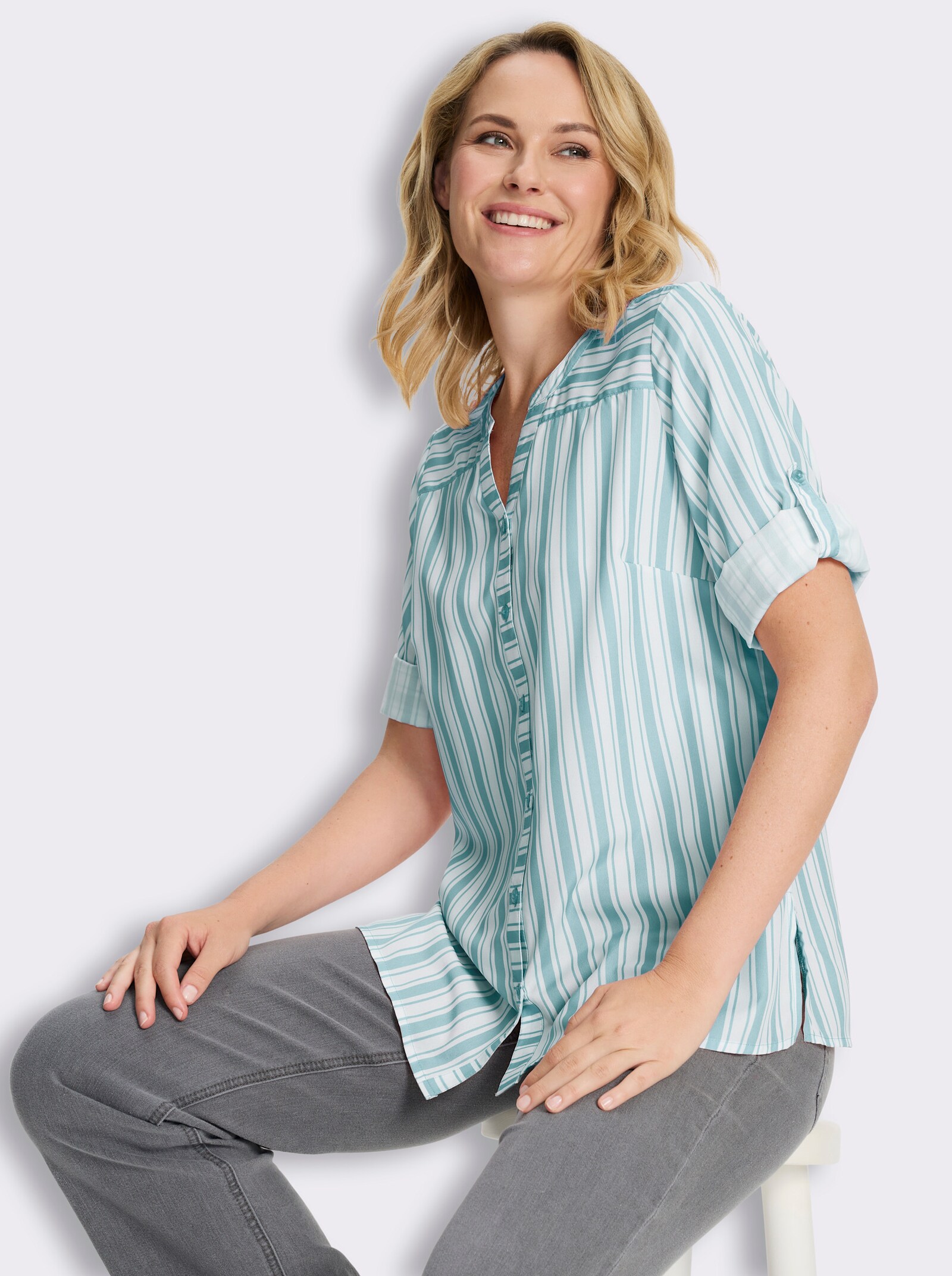 Longbluse mit vertikalem Streifenmuster - kalkmint-weiß-gestreift