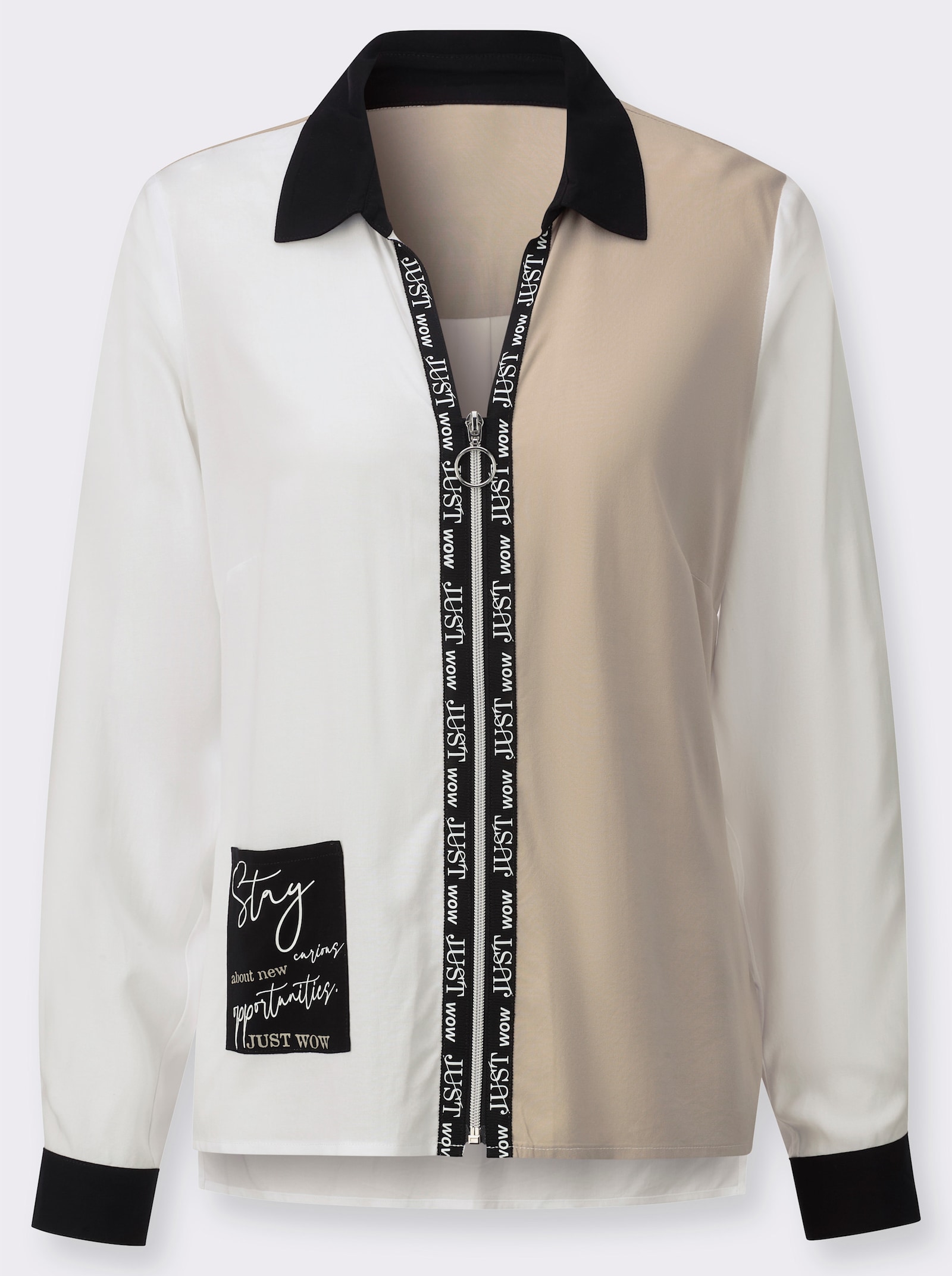 Langarm-Bluse mit Reißverschluss - weiß-beige
