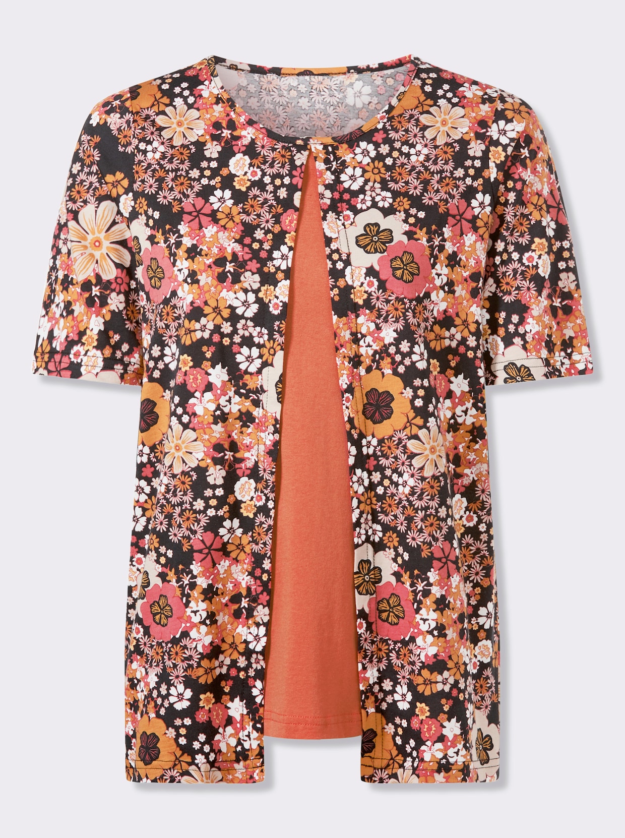 2-in-1-Shirt mit floralem Muster - schwarz-papaya-bedruckt