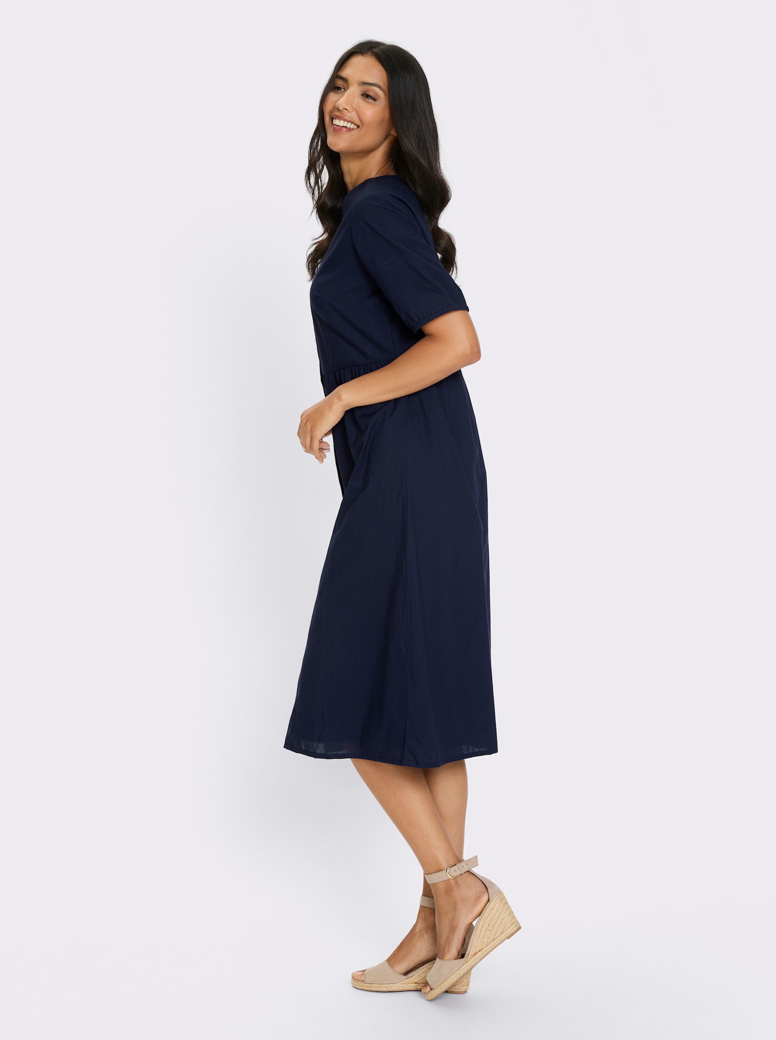 Katoenen jurk met doorknoopsluiting - donkerblauw