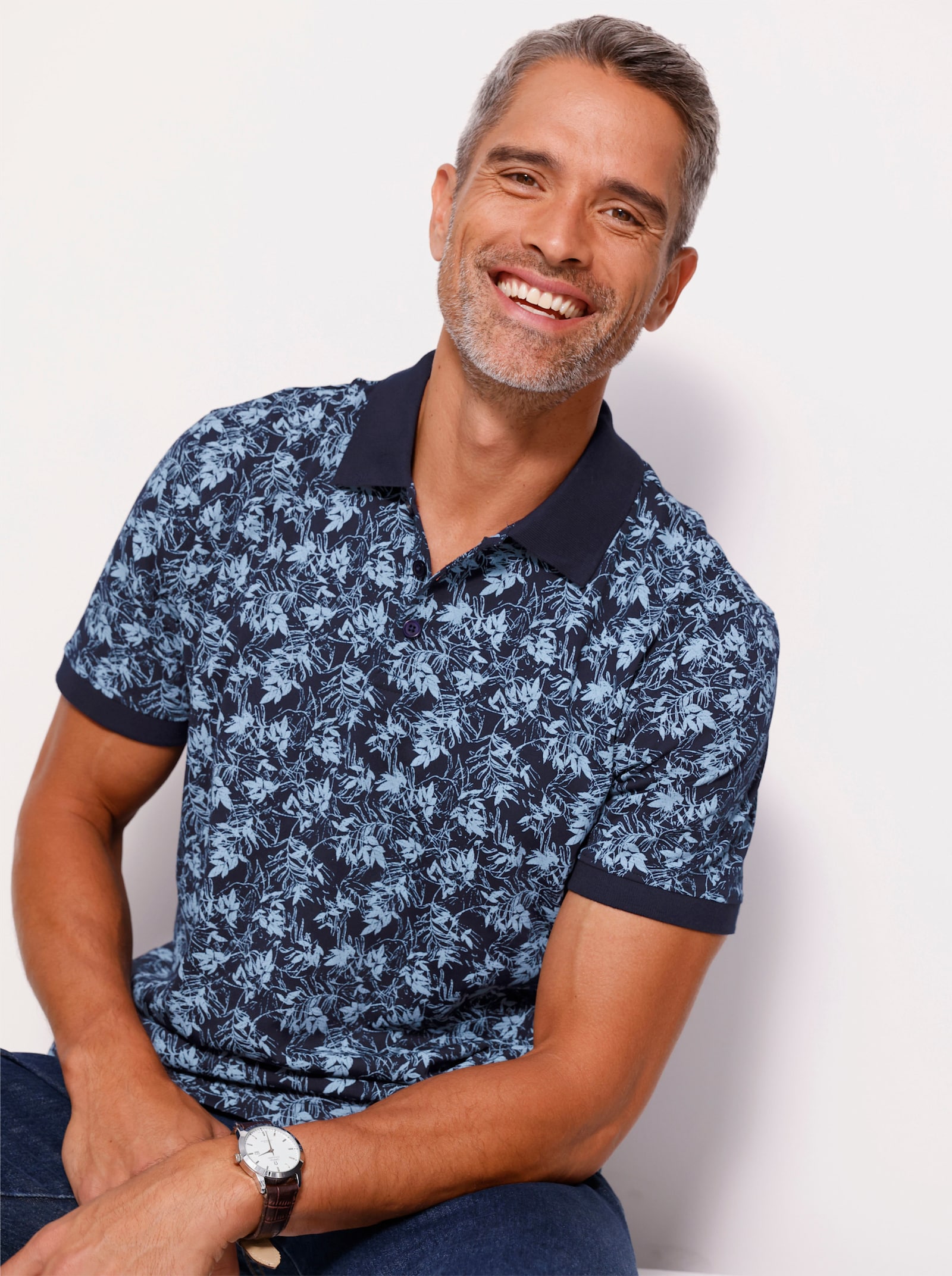 Polokošile s listovým potiskem - námořnická modrá-modrá-potisk