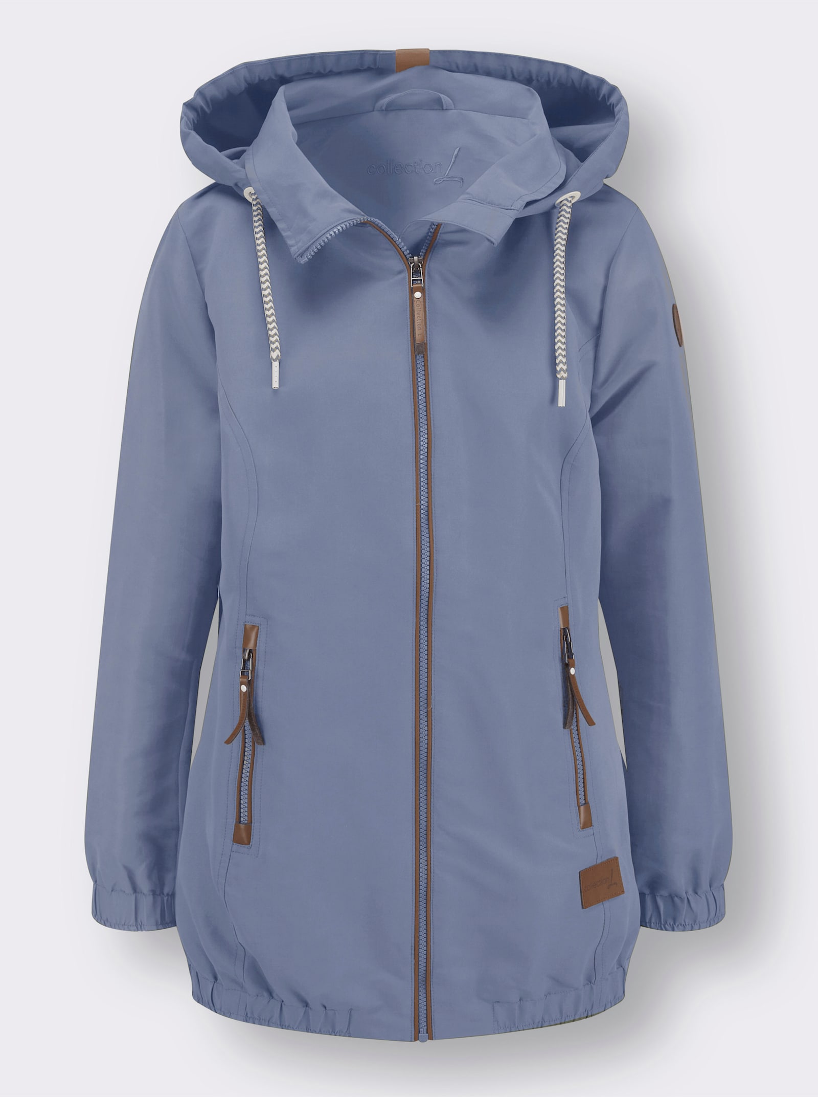 Freizeitjacke mit Lederimitat-Paspeln - taubenblau