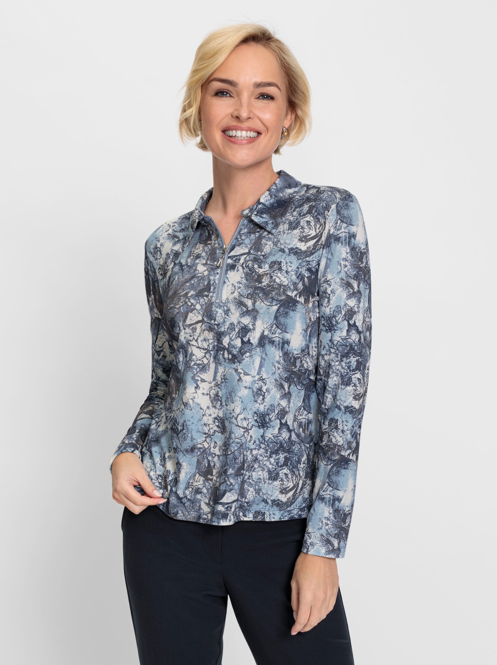 Poloshirt mit Reißverschluss - eisblau-marine-bedruckt