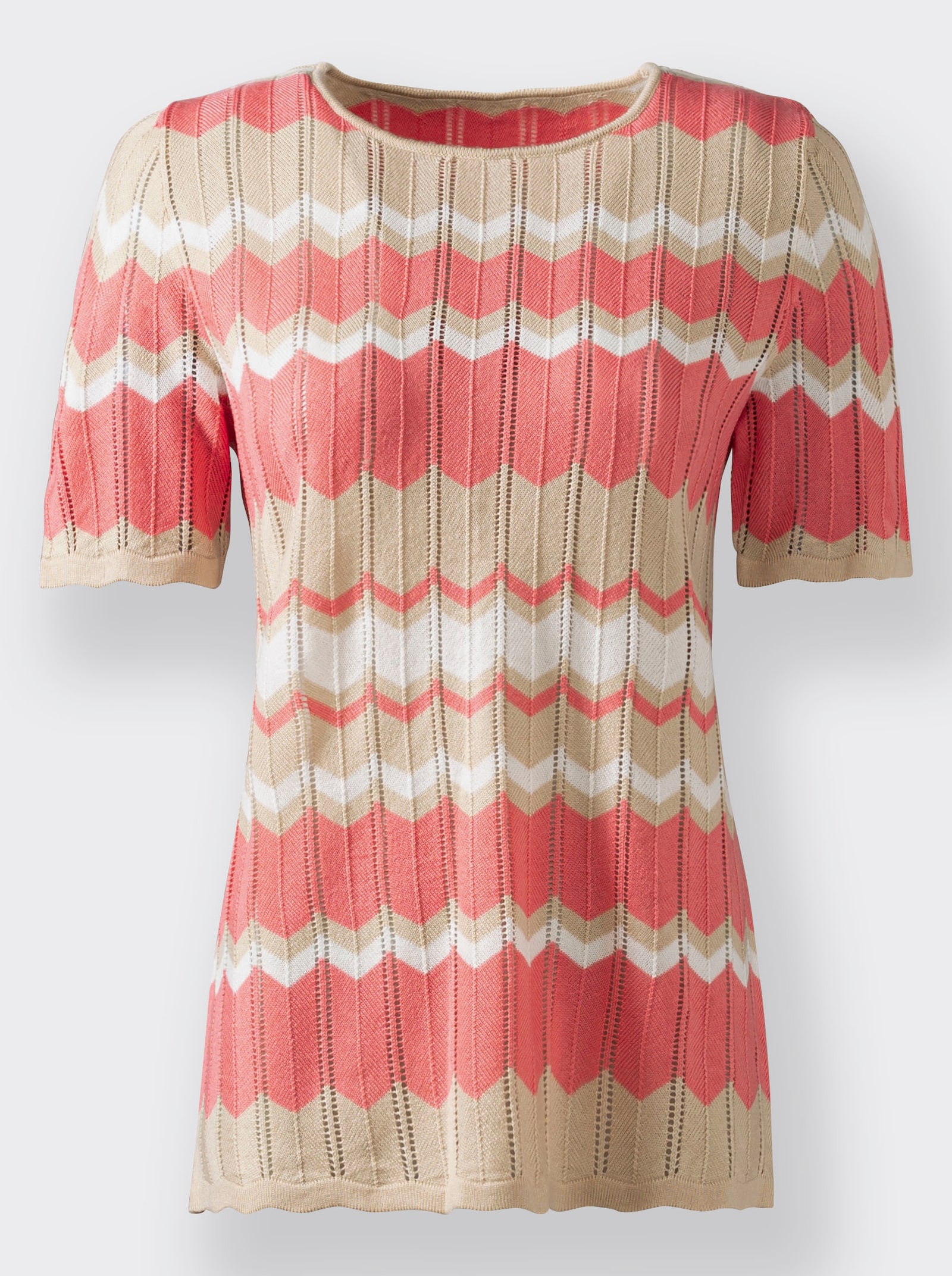 Rundhalspullover mit gebogten Abschlüssen - flamingo-sand-gemustert