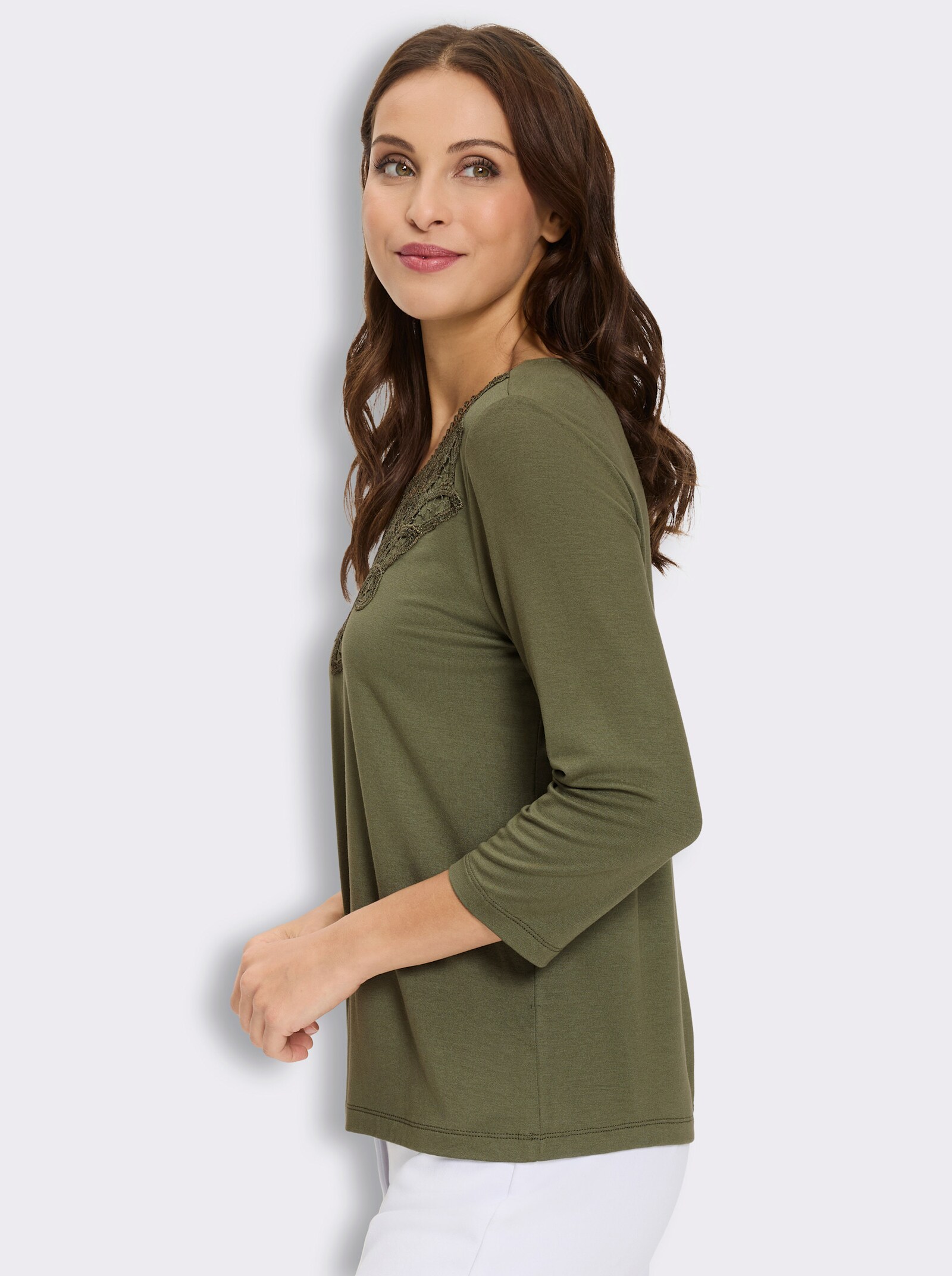 3/4-Arm-Shirt mit Spitze am Ausschnitt - oliv