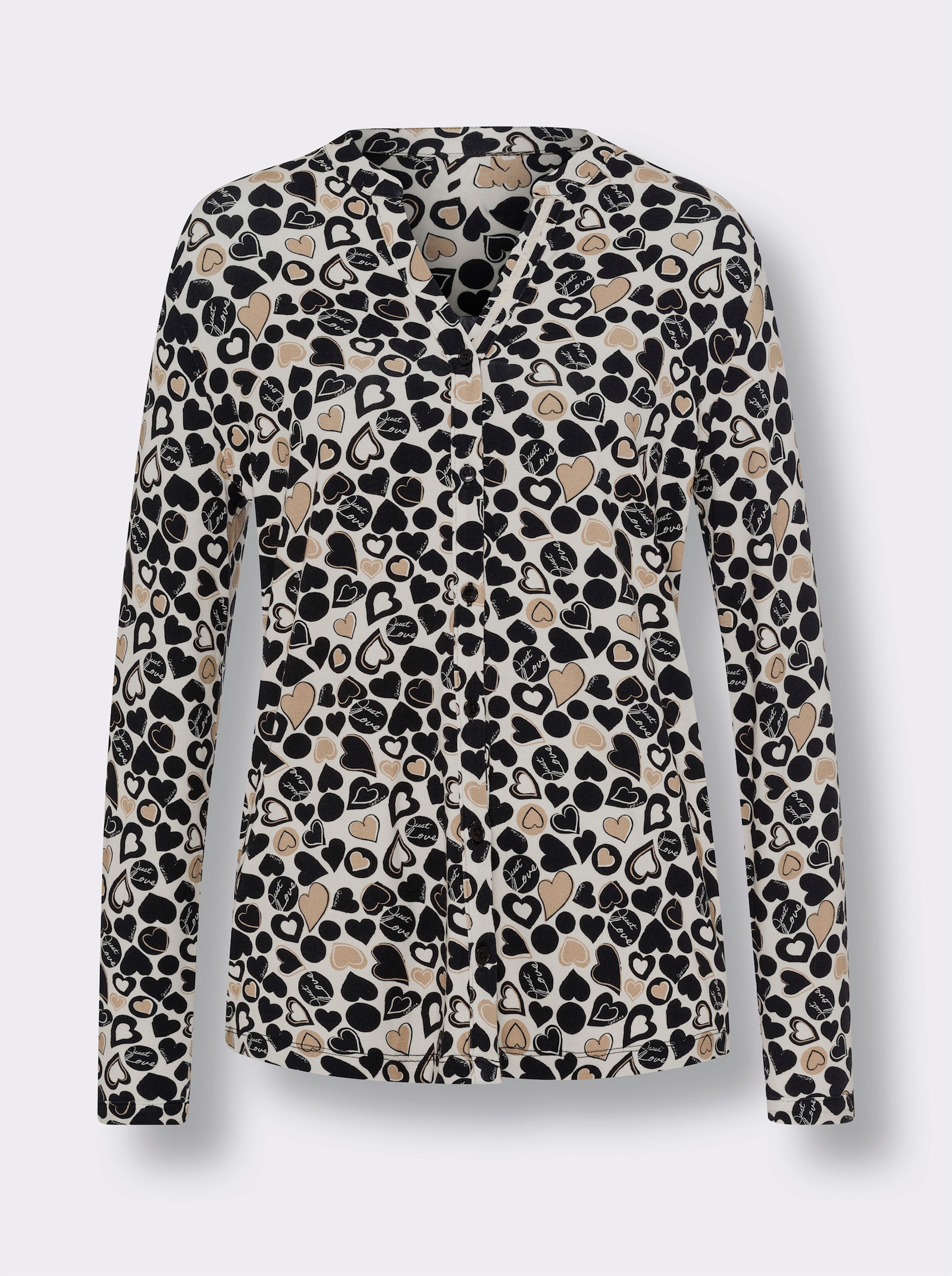 heine Jersey-Bluse mit Herz-Print - champagner-schwarz-bedruckt