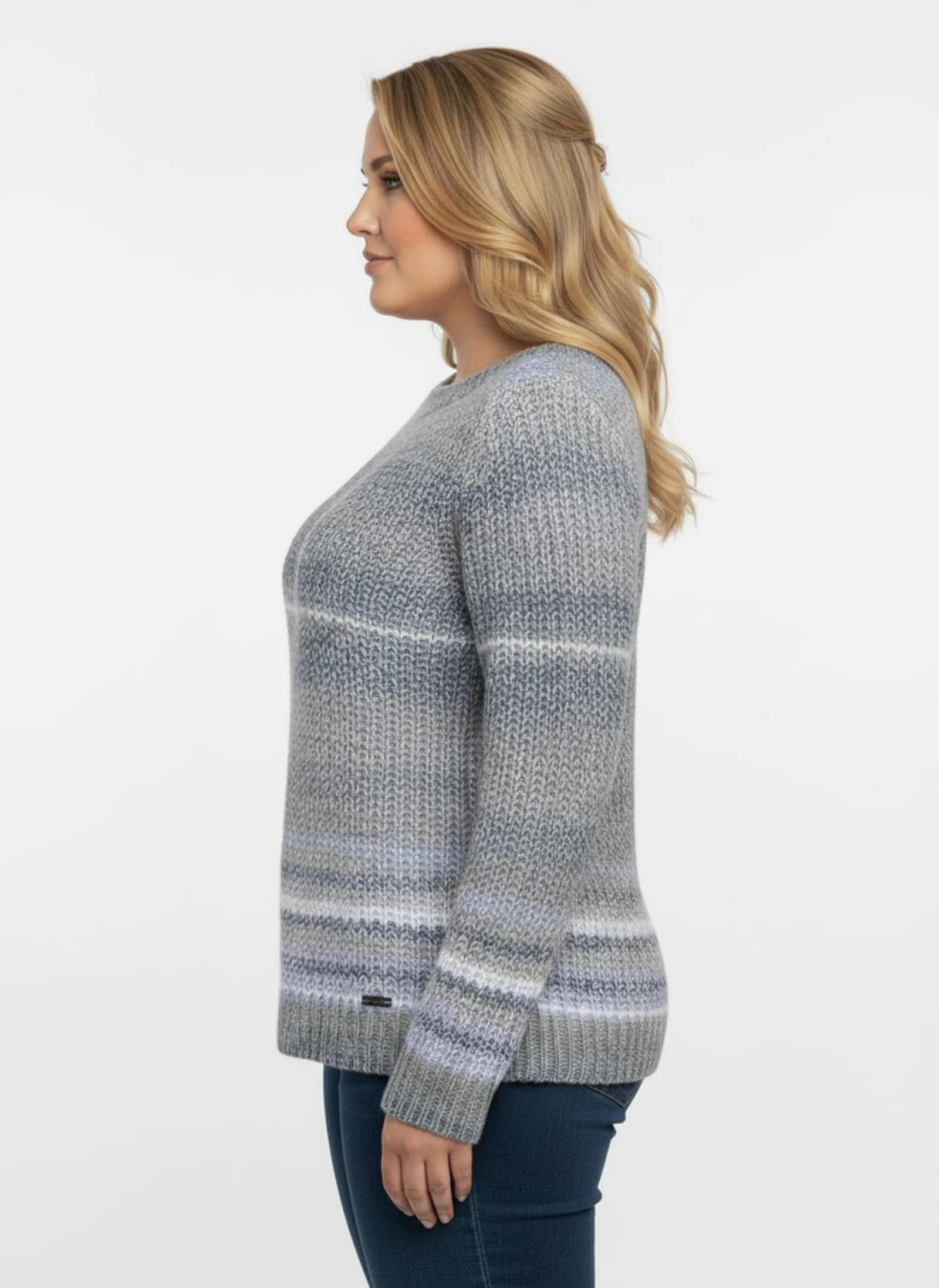 Langarm-Pullover im Grobstrick - taupe-jeansblau-gestreift