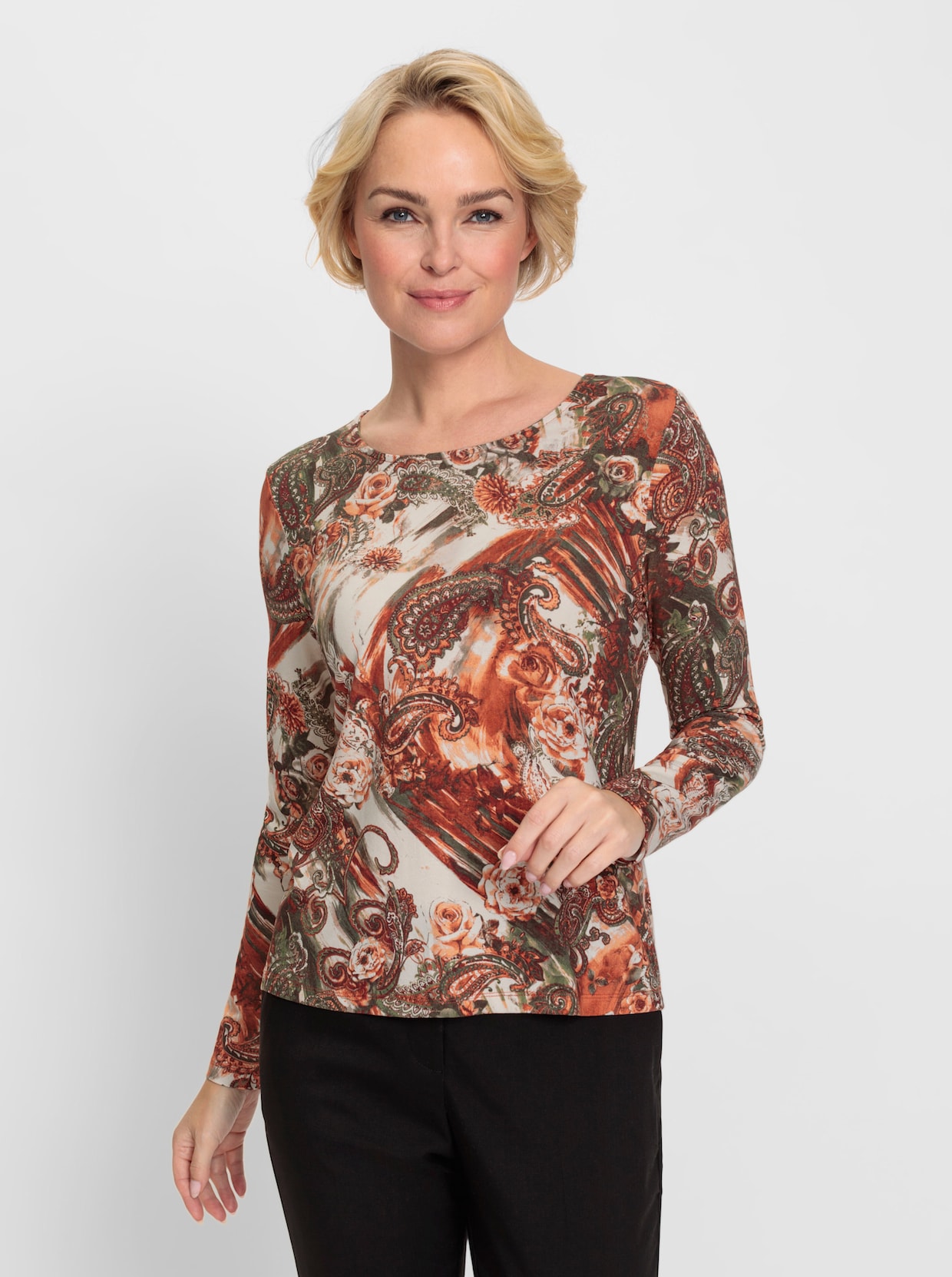 Shirt met ronde hals - papaja/ecru bedrukt
