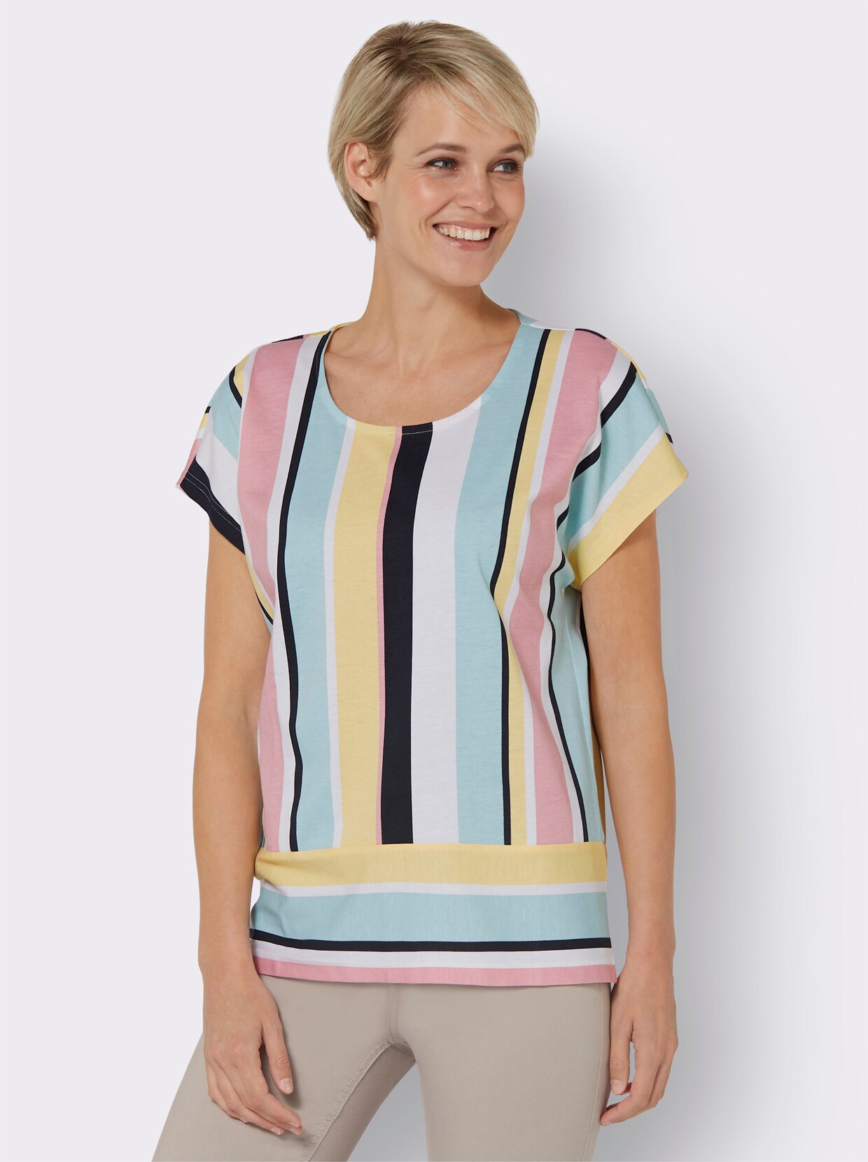 Shirt met ronde hals - wit/rozenkwarts gestreept