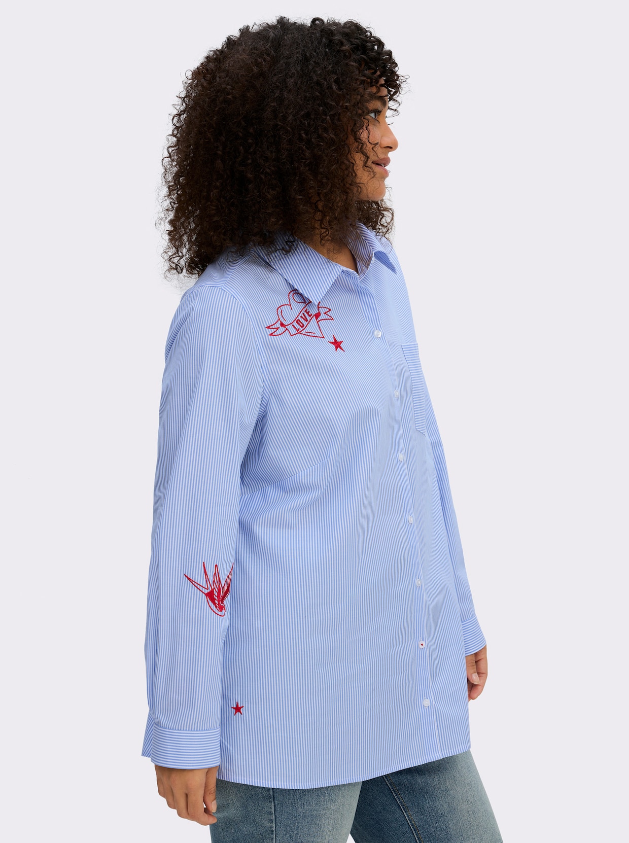 sheego by Joe Browns Baumwollbluse mit Streifen und Stickerei - hellblau-weiß-gestreift