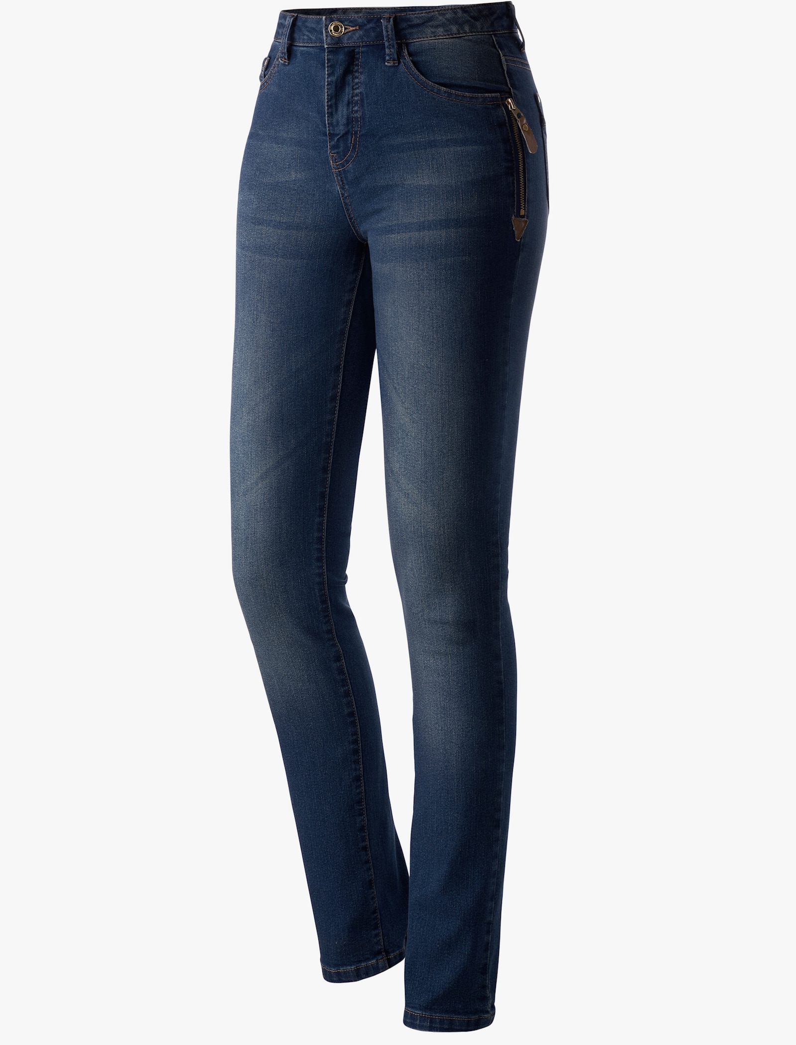 5-Pocket-Jeans mit Reißverschluss und Lederimitat-Anhänger - blue-stone-washed