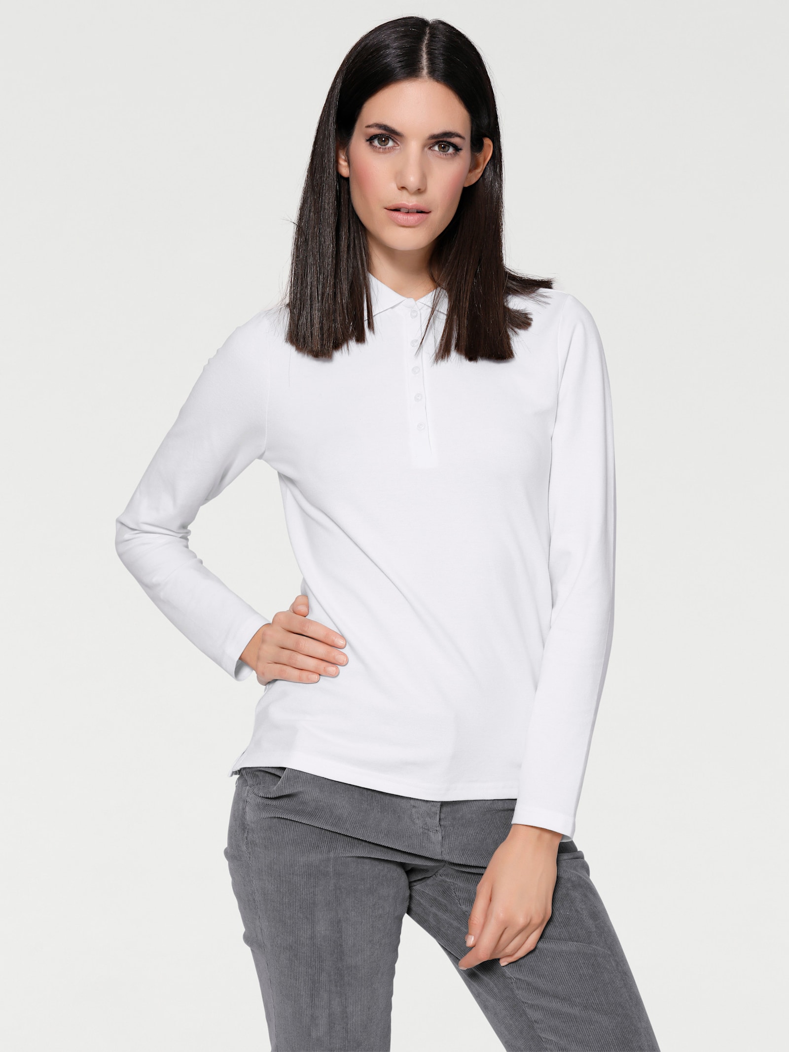 heine Langarm-Poloshirt in Pikee-Qualität - weiß