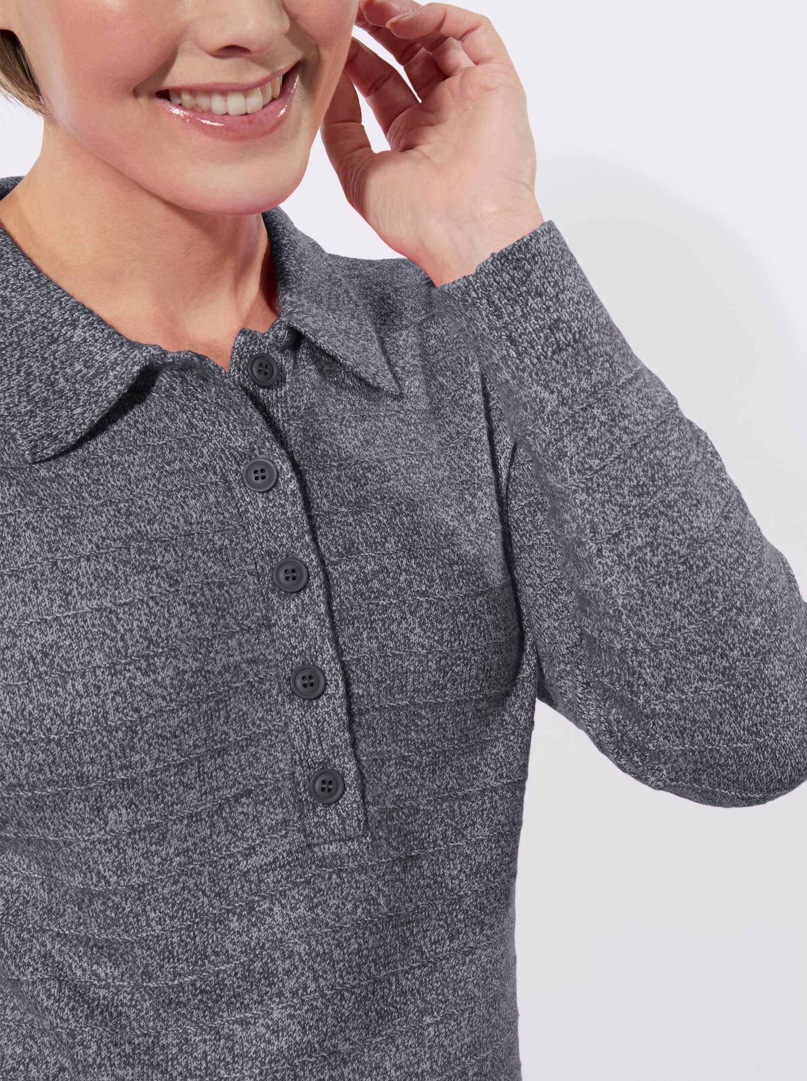 Polopullover in melierter Optik - schwarz-ecru-meliert