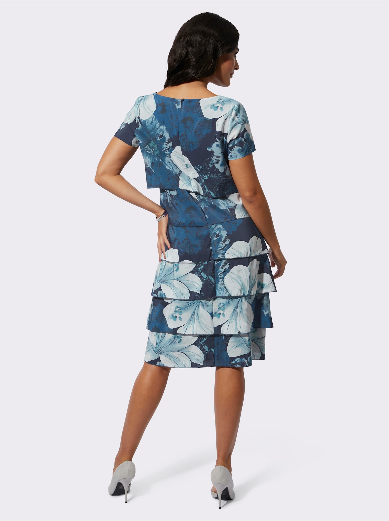 Stufenkleid mit hüftlangem Reißverschluss hinten - ecru-marine-bedruckt