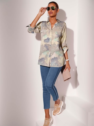 Longbluse - champagner-jeansblau-bedruckt