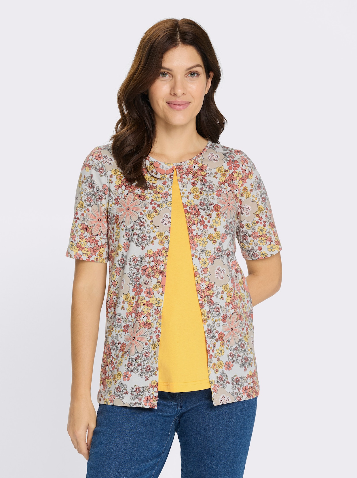 2-in-1-Shirt mit floralem Muster - ecru-papaya-bedruckt