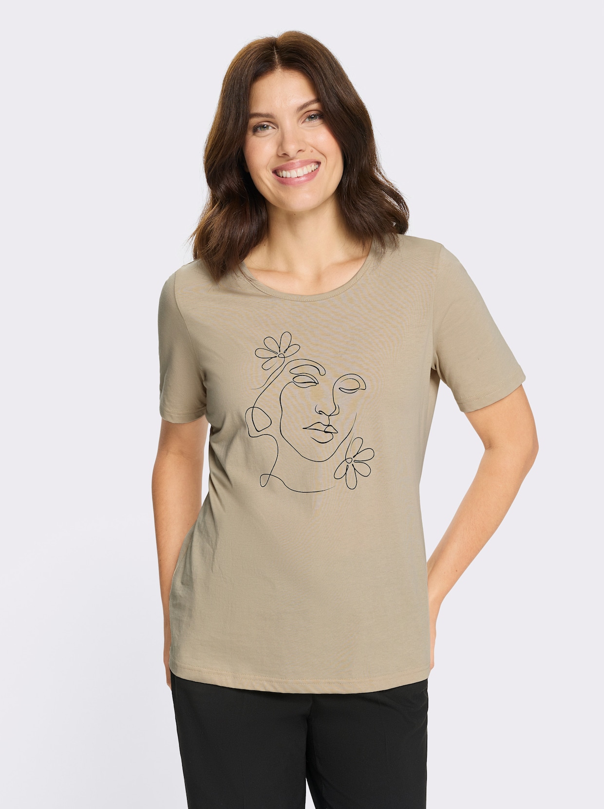 Kurzarmshirt mit Druck-Motiv - sand-schwarz