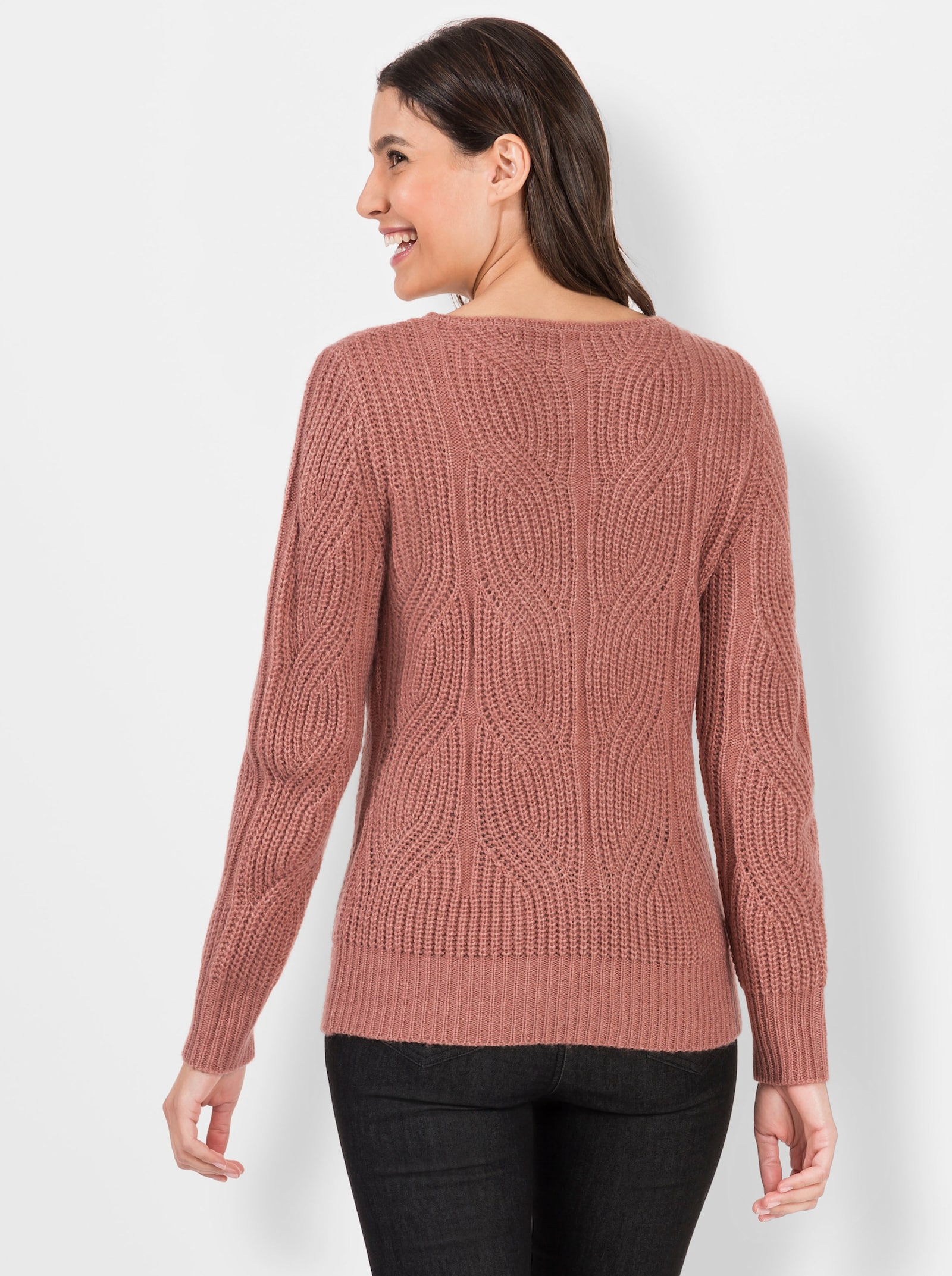 Strickpullover mit Zopfmuster - rosenholz-meliert