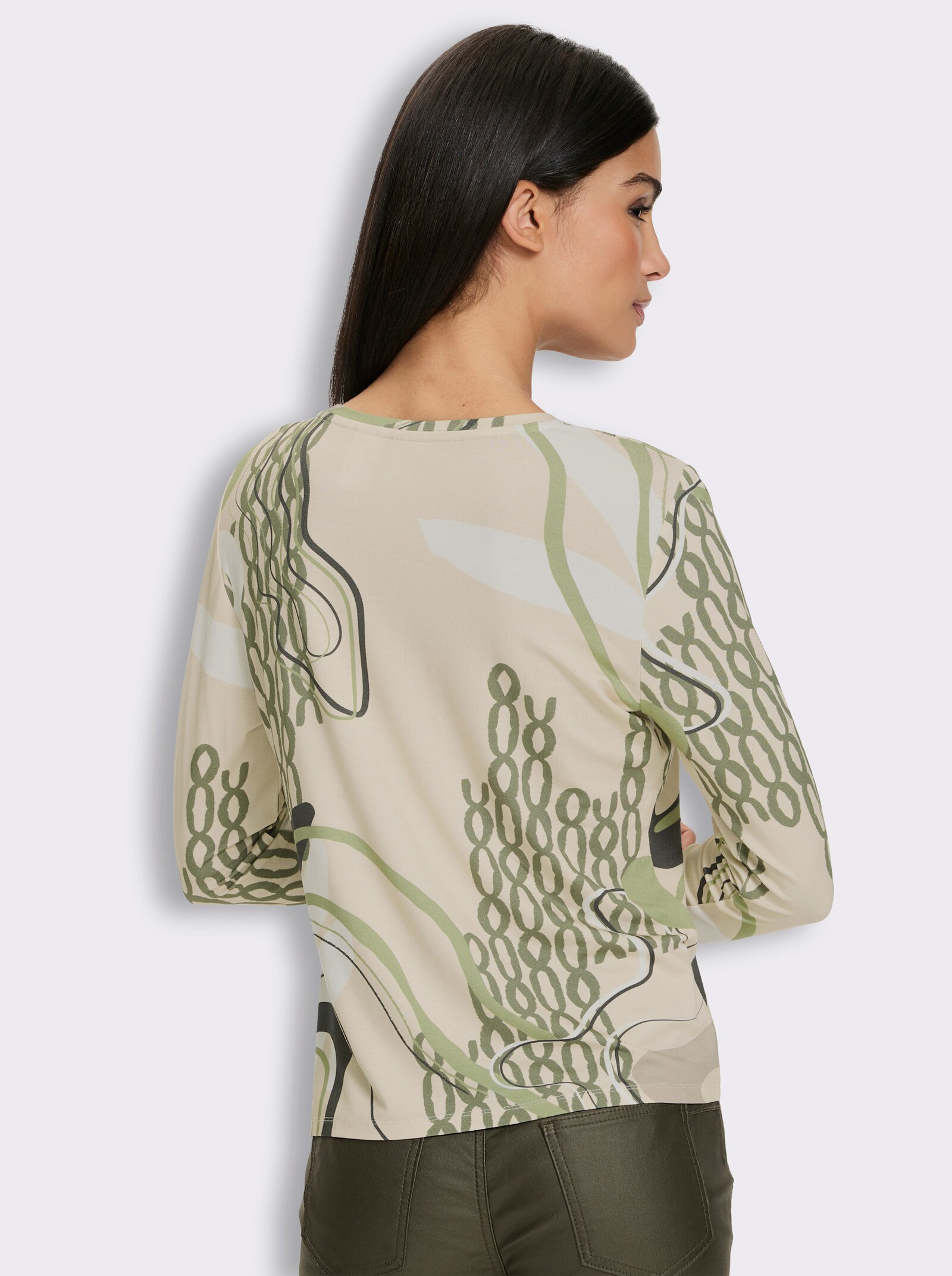 heine Langarmshirt mit Glitzersteinchen - elfenbein-khaki-bedruckt