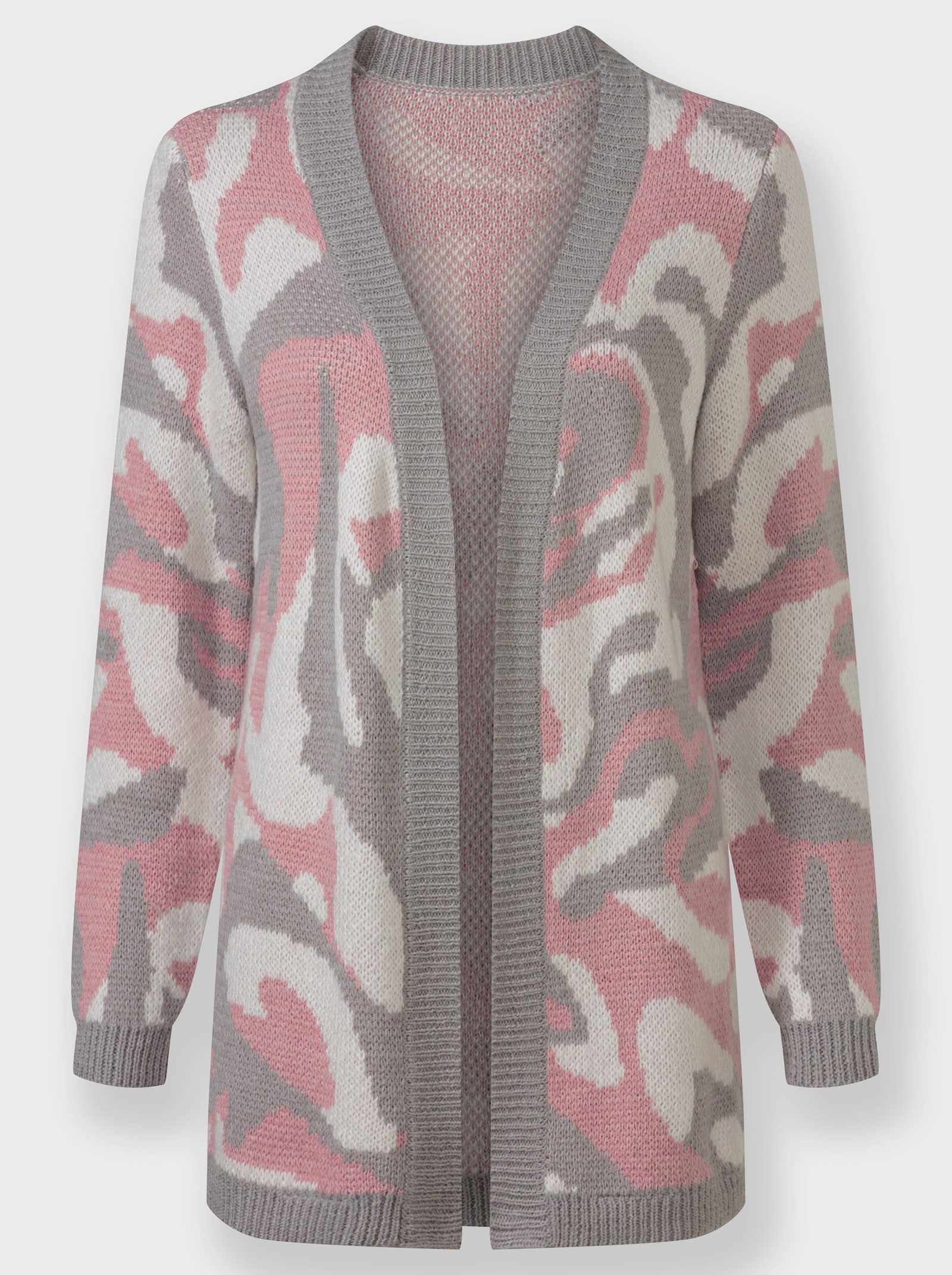 Žakárový pletený kabátek otevřeného střihu - hortenzie-kamenná šedá-vzor